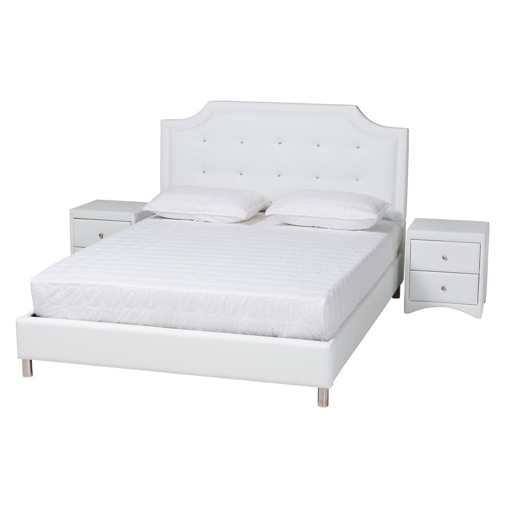 Magi Full White Faux Leather Bed Set – Glam 3-Piece Bedroom Suite