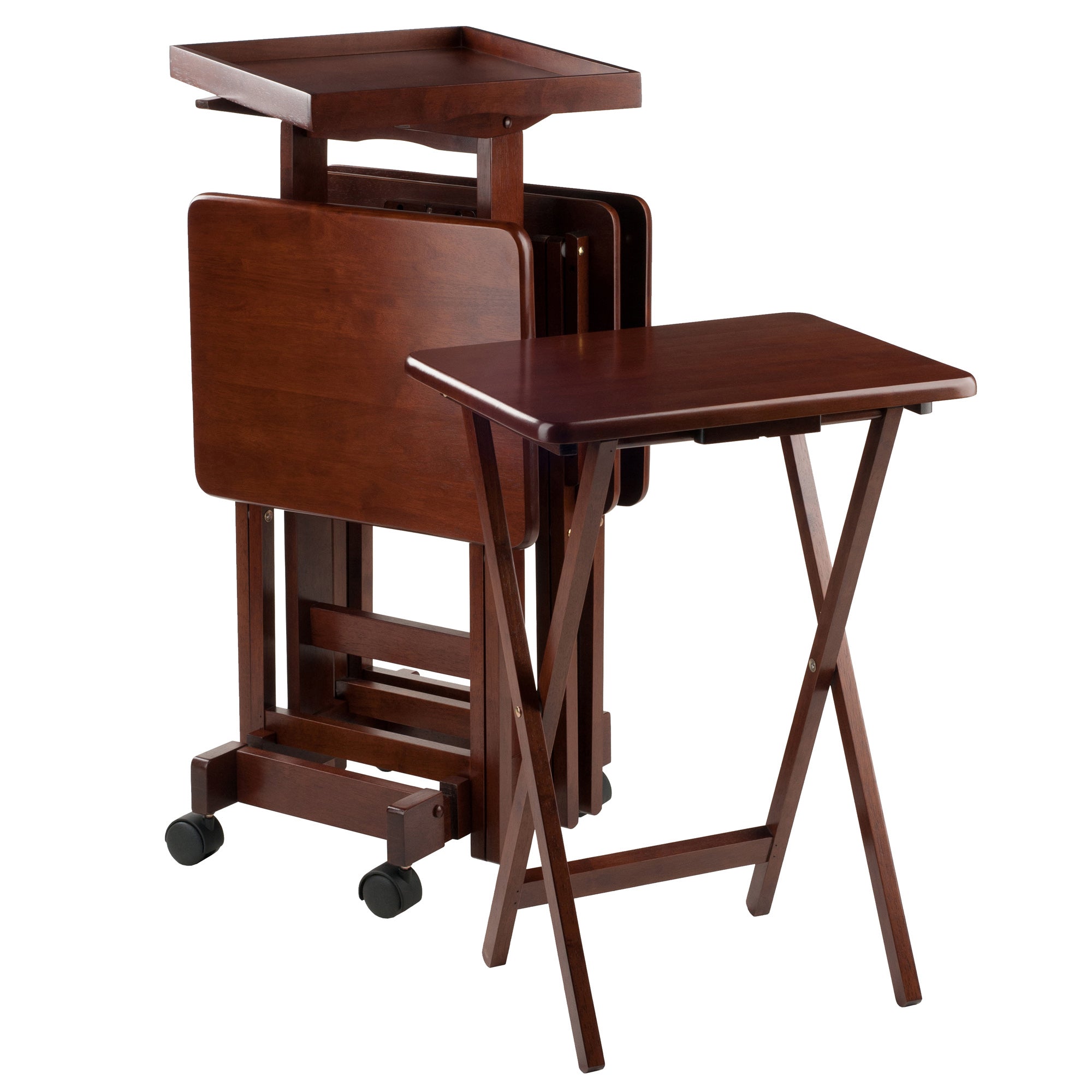 Isabelle Set of 4 Snack Tables with Mobile Stand and Removable Tray, Walnut
