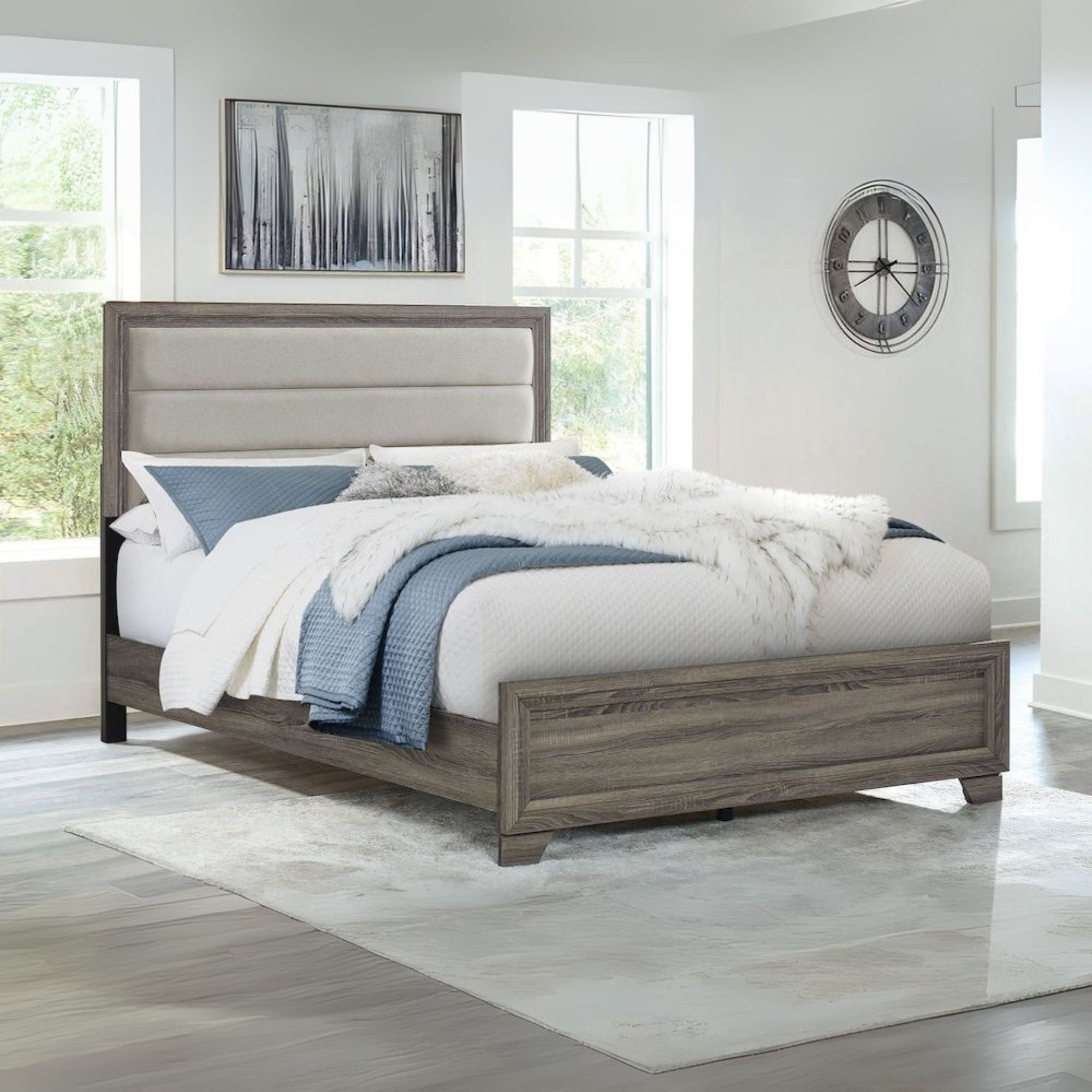 Sloni Wright Eastern King Brown Oak Engineered Wood Bed – Upholstered Panel Bed with Tan Fabric Headboard
