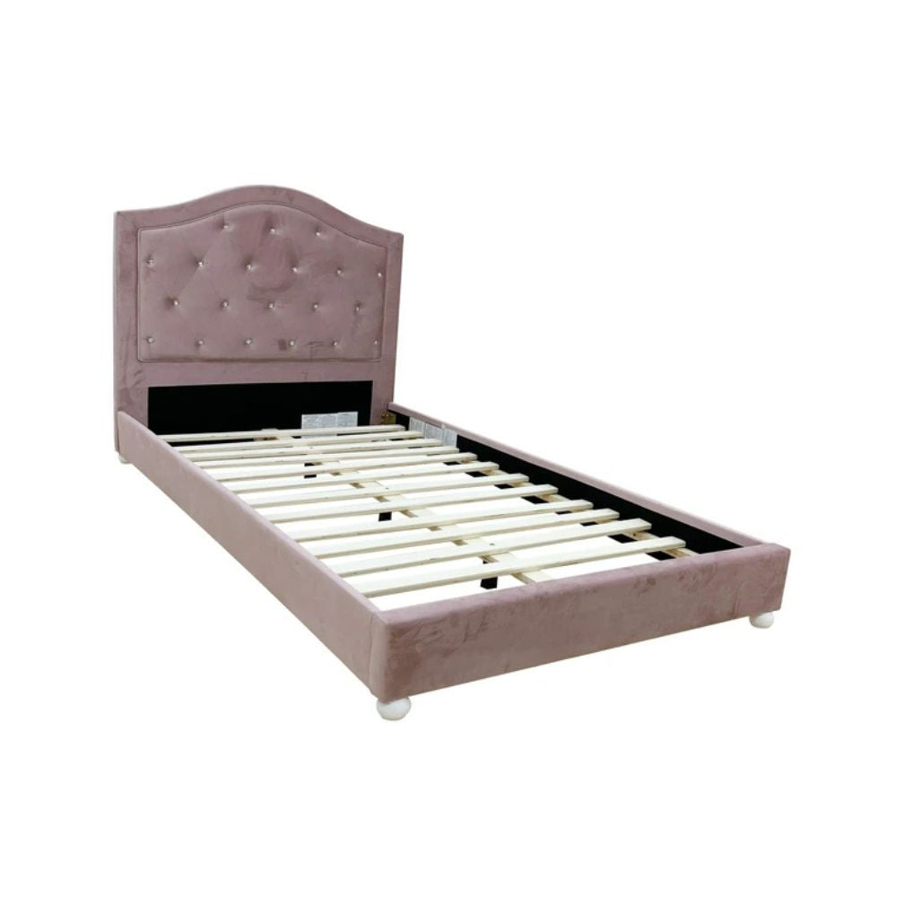 Archi Reggie Collection Twin Pink Fabric Bed – Modern Glam Style with Faux Crystal Trim