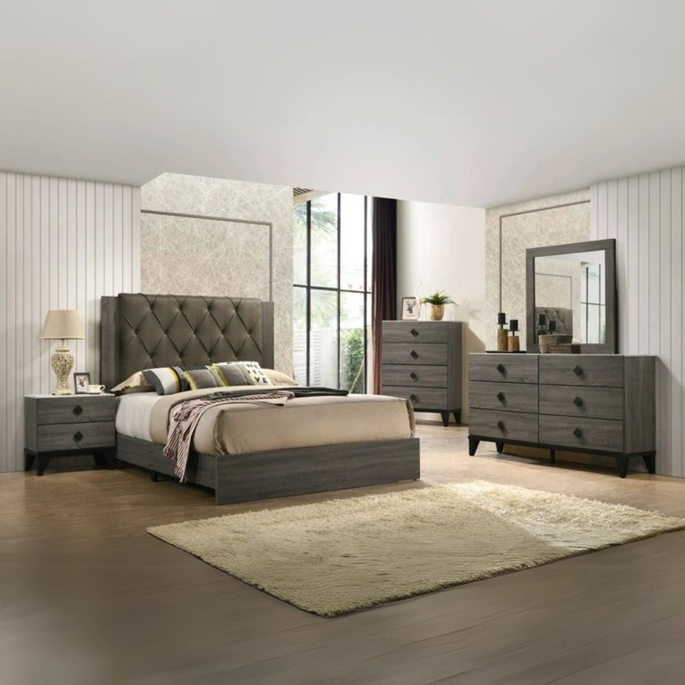 Sally Eastern King Rustic Gray Oak Fabric Platform Bed – Transitional Button Tufted Headboard