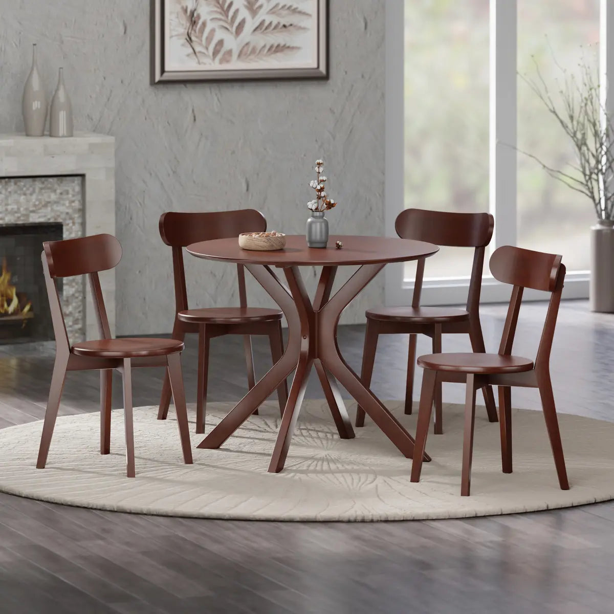 Lexa Dining Table with Splayed Legs, Walnut Finish with 4 Pauline Dining Chairs