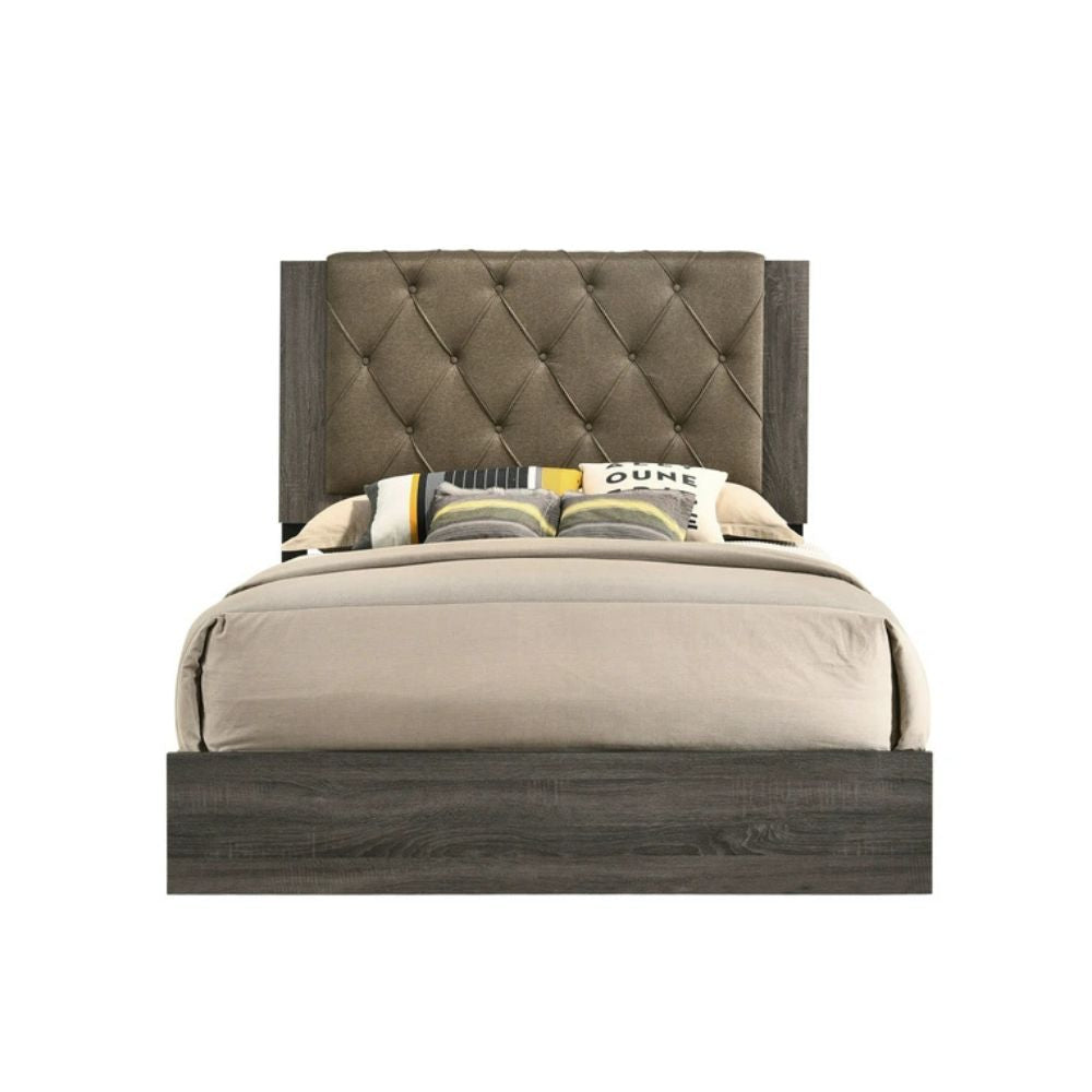 Regalia Avantika Collection Queen Bed in Rustic Gray Oak & Fabric – Sleek Panel Frame, Wood Slats