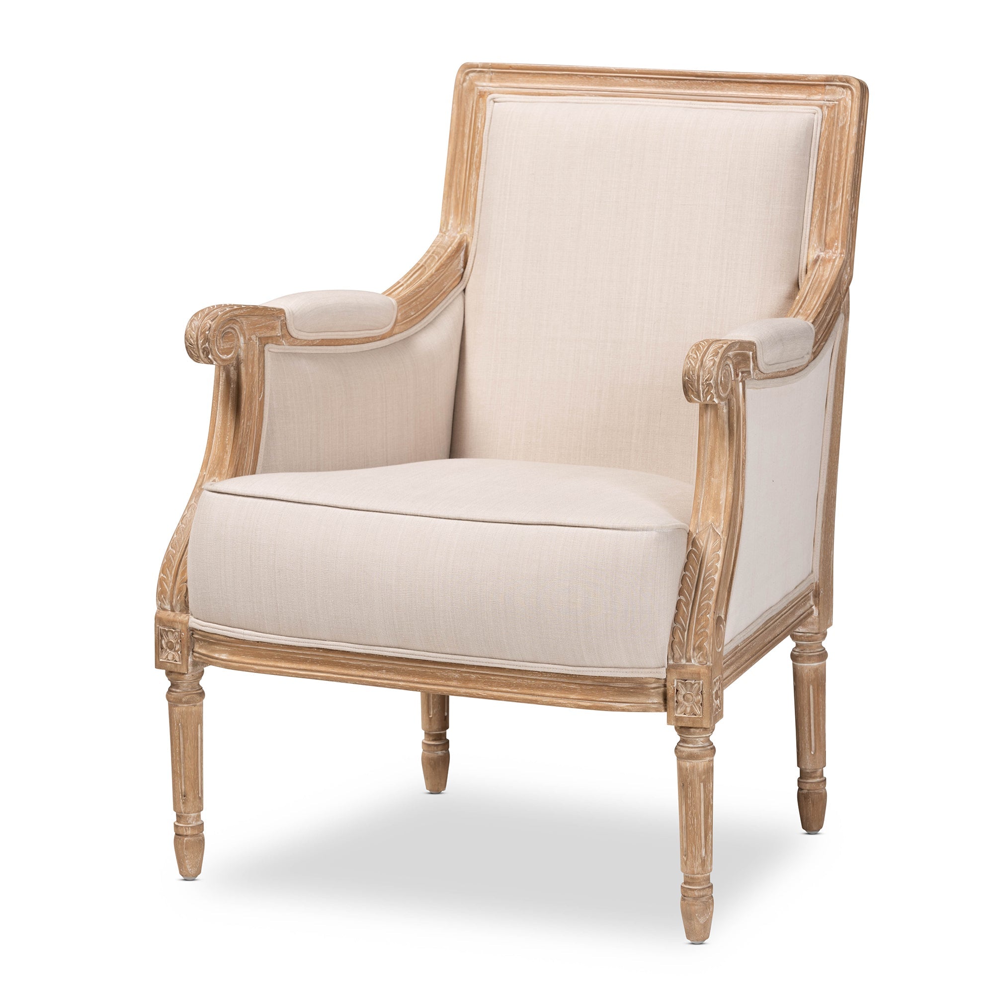 Chavanon Wood & Light Beige Linen Traditional French Accent Chair