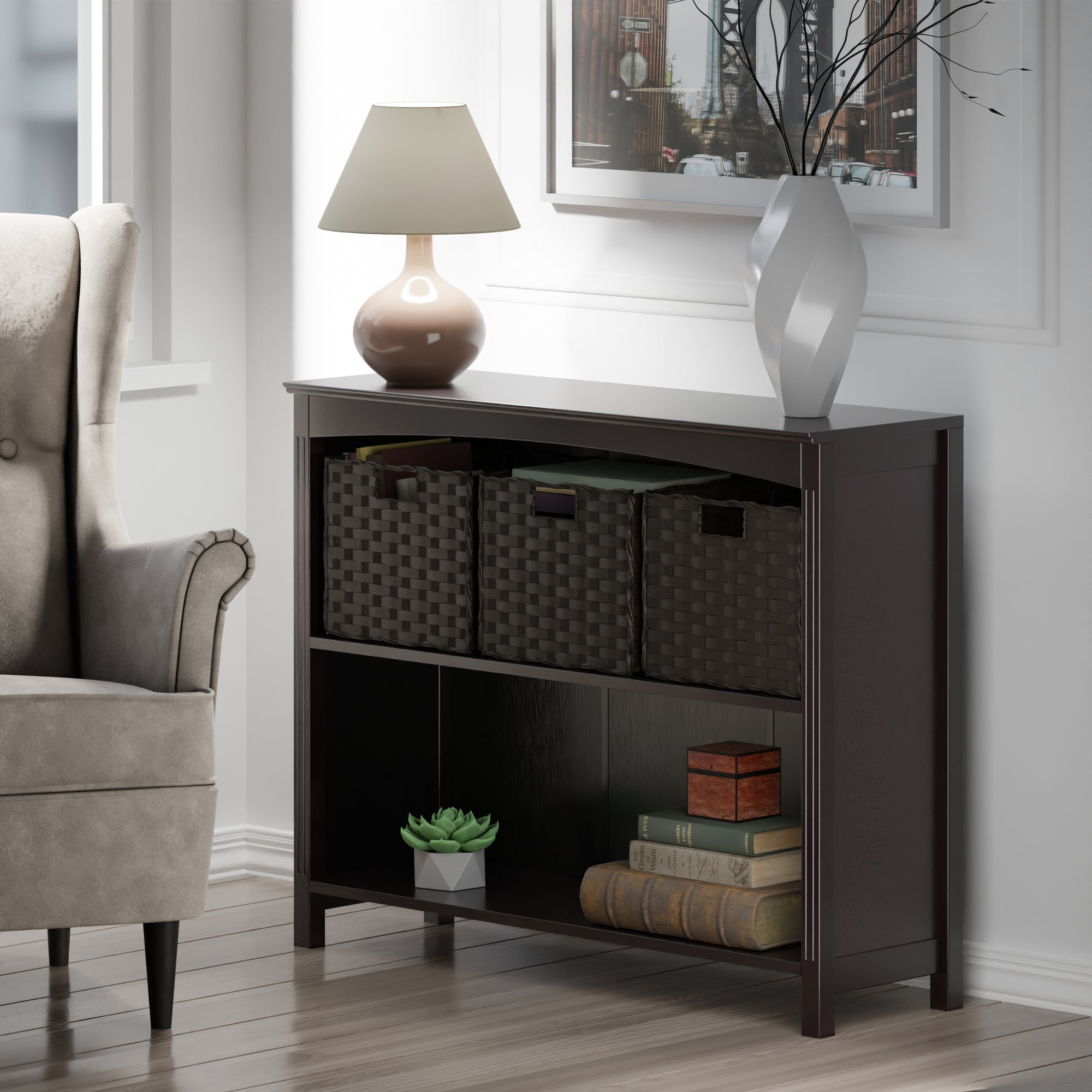 Terrace 4-Pc Storage Shelf accompanied by 3 Foldable Woven Baskets, in Walnut and Chocolate