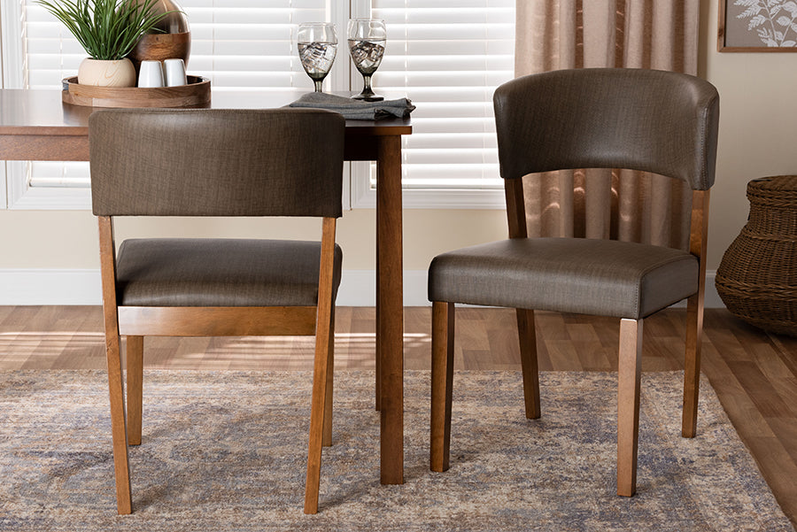 Montreal Mid-Century Dark Walnut Wood Grey Faux Leather Dining Chairs (Set of 2)