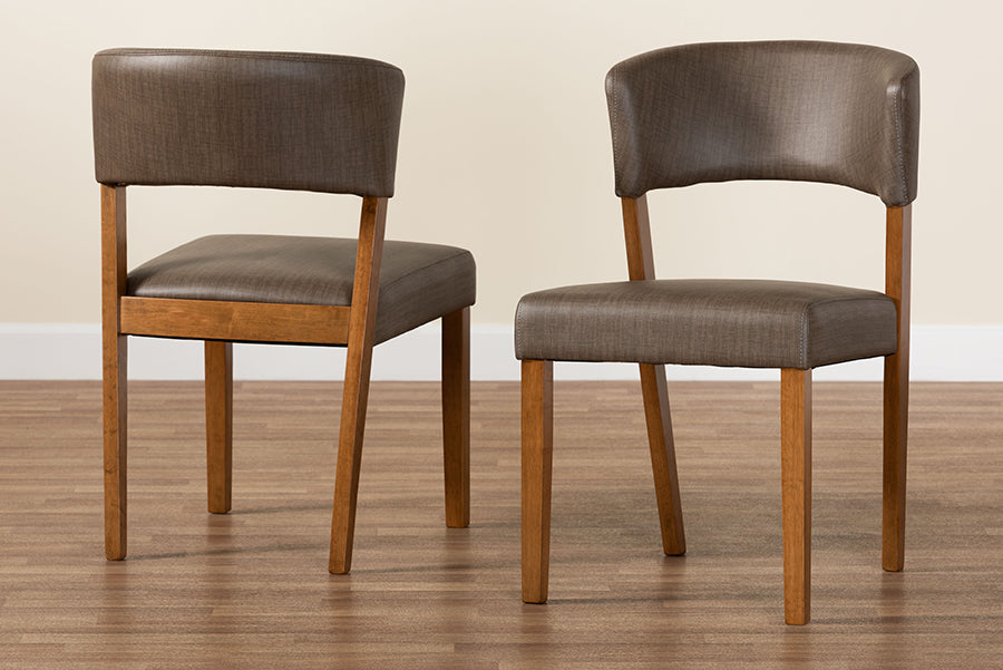 Montreal Mid-Century Dark Walnut Wood Grey Faux Leather Dining Chairs (Set of 2)