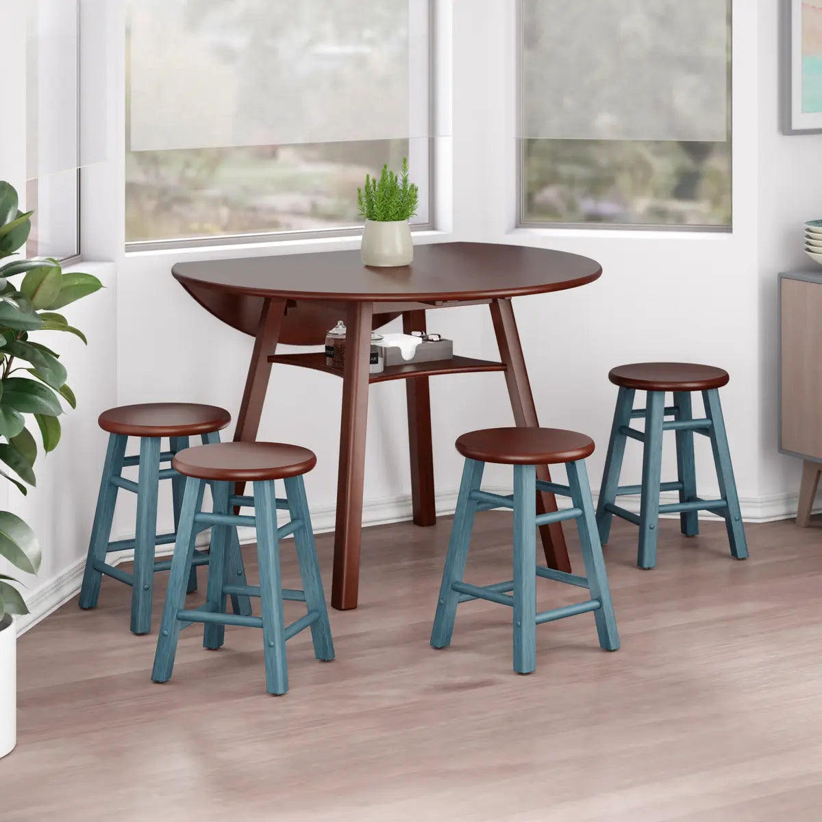 Marbelle Table 5-Pc Drop Leaf Dining Table, Walnut Finish, with 4 Element 18” Dining Stools, Walnut Rustic Teal Finish