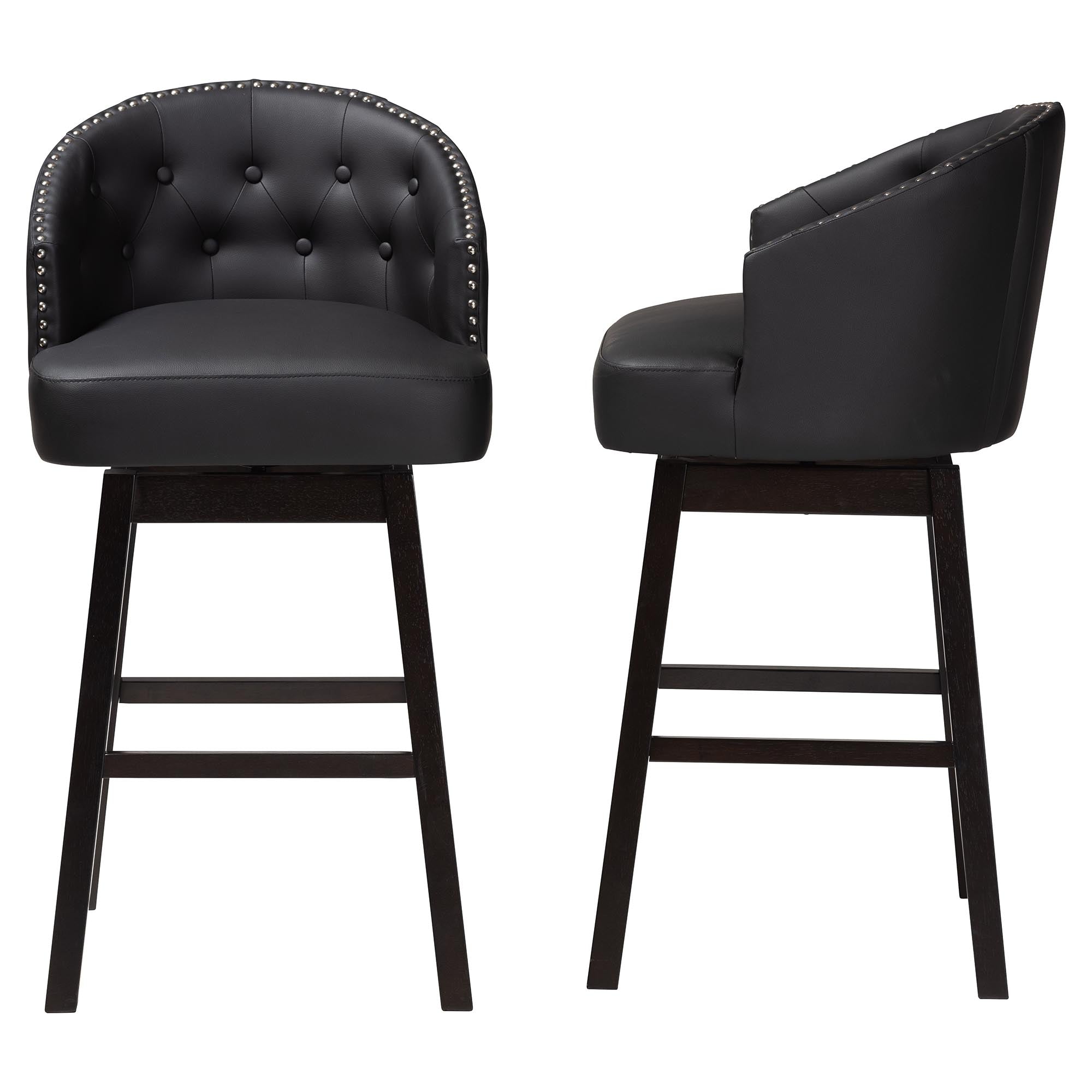 Avril Modern and Contemporary Black Faux Leather Tufted Swivel Barstool with Nail heads Trim (Set of 2)