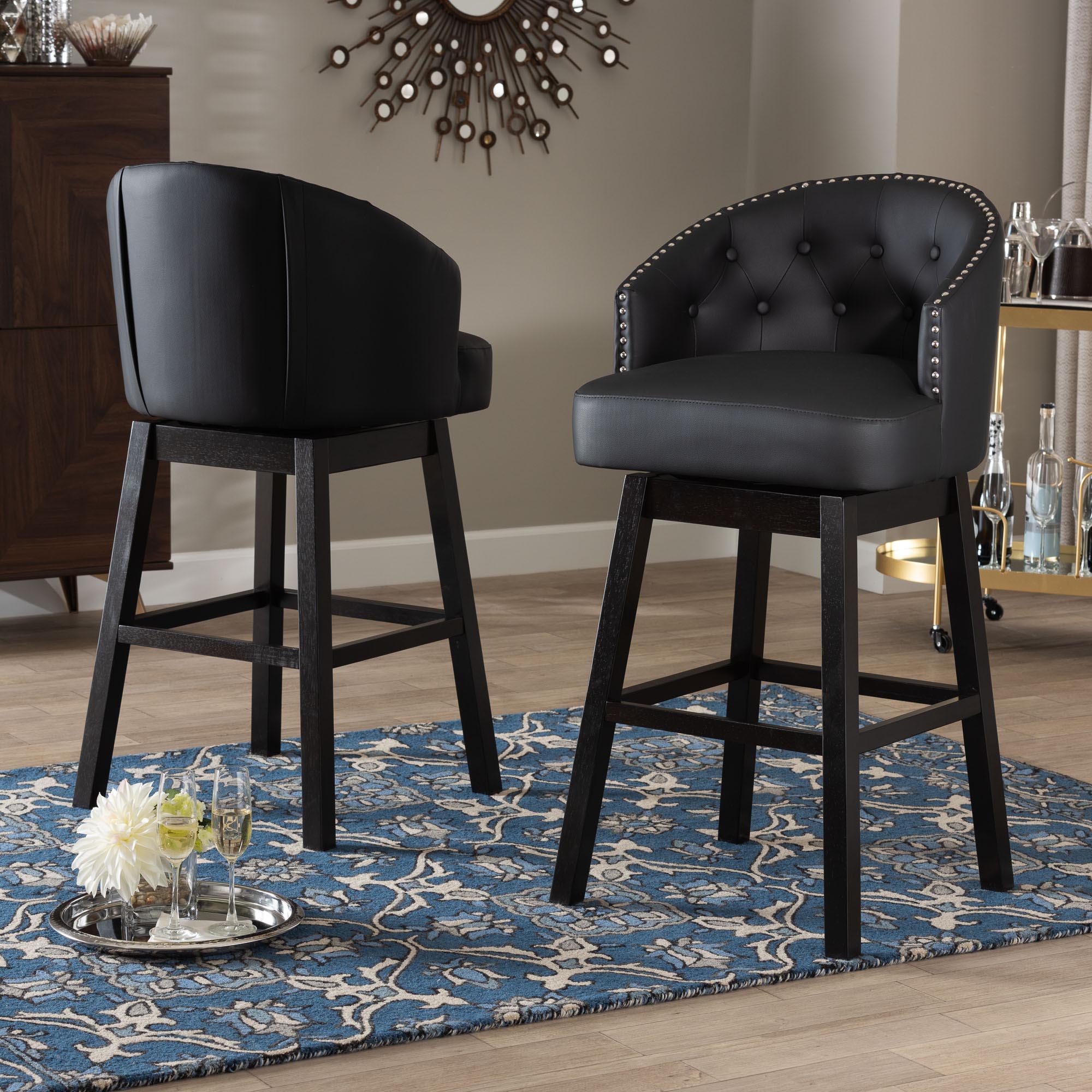 Avril Modern and Contemporary Black Faux Leather Tufted Swivel Barstool with Nail heads Trim (Set of 2)