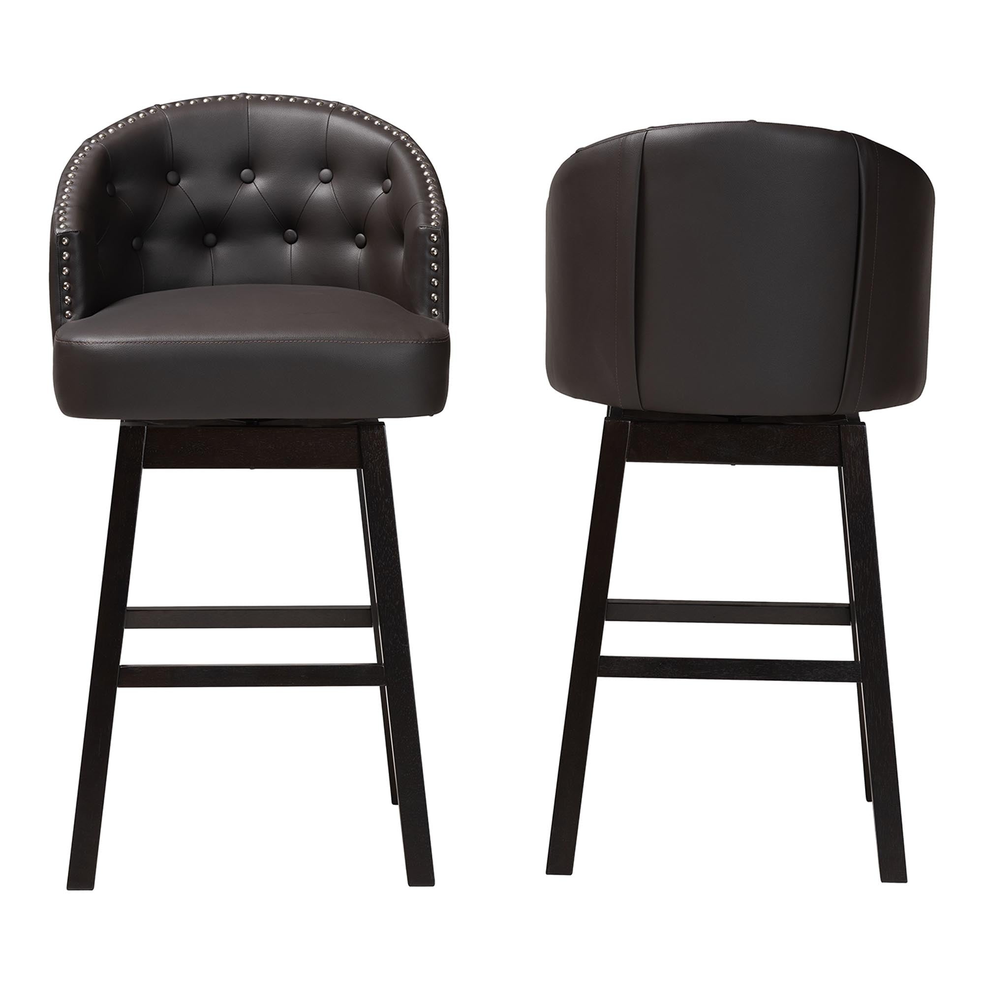 Avril Modern and Contemporary Brown Faux Leather Tufted Swivel Barstool with Nail heads Trim (Set of 2)