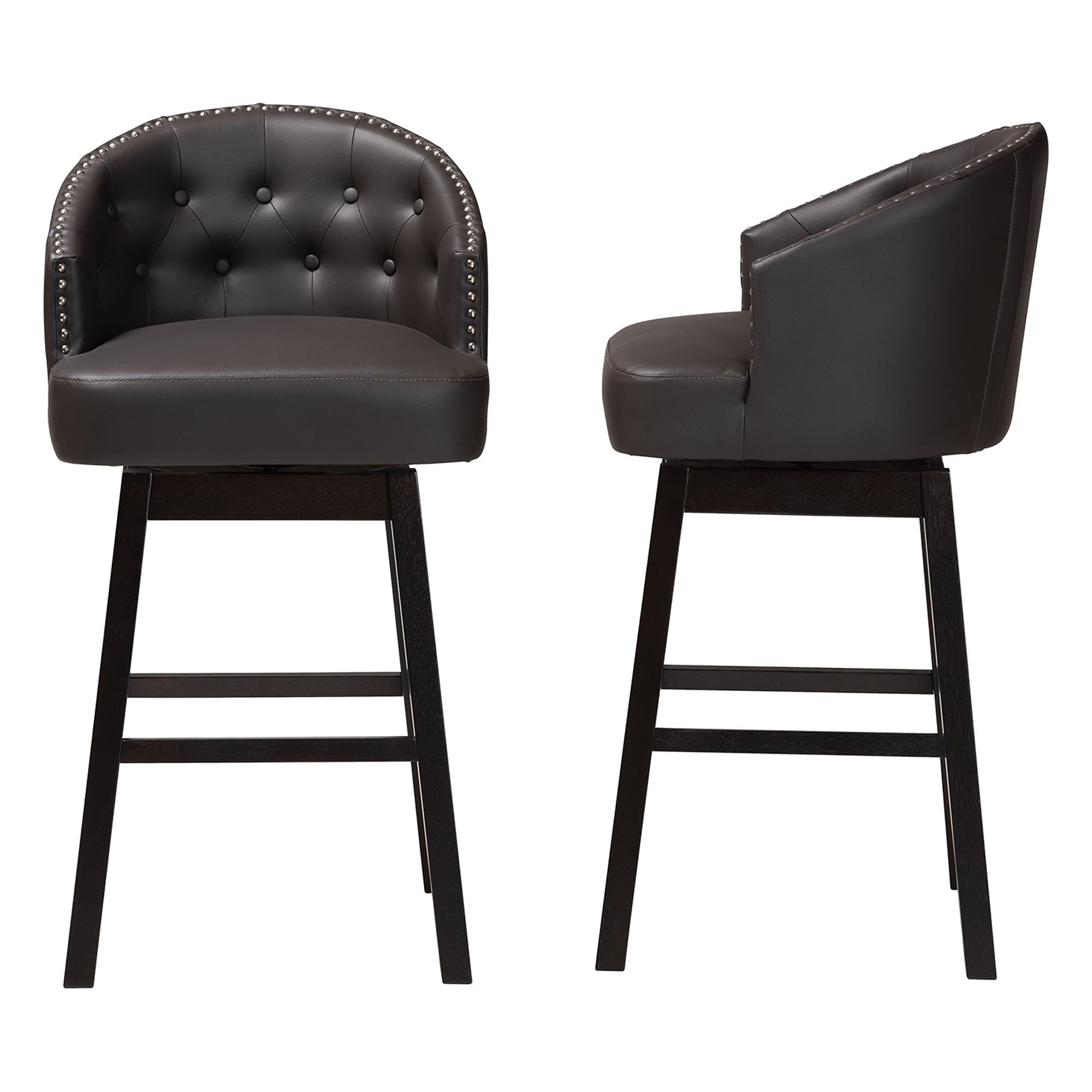Avril Modern and Contemporary Brown Faux Leather Tufted Swivel Barstool with Nail heads Trim (Set of 2)