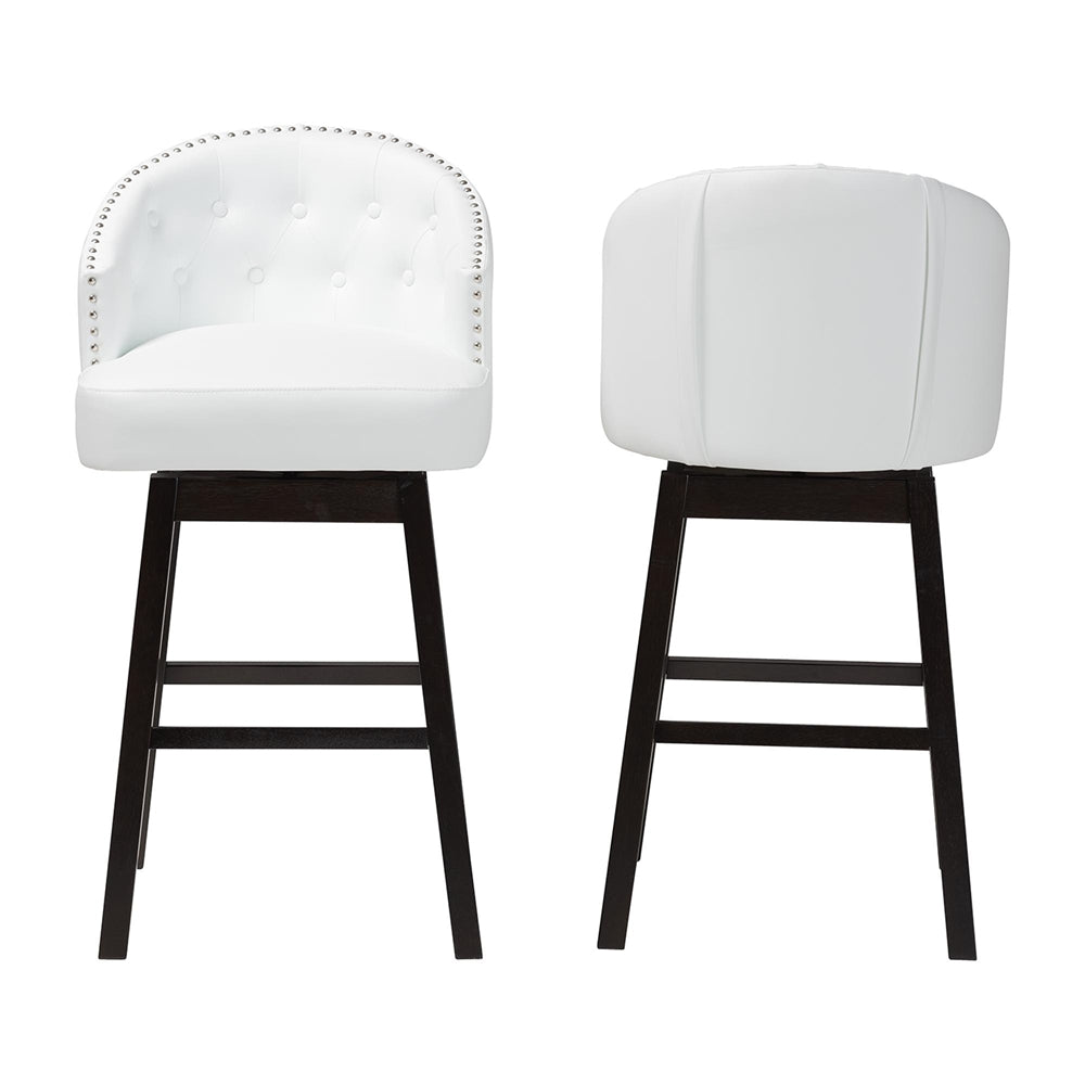Avril Modern and Contemporary White Faux Leather Tufted 2-Piece Swivel Barstool Set with Nail heads Trim