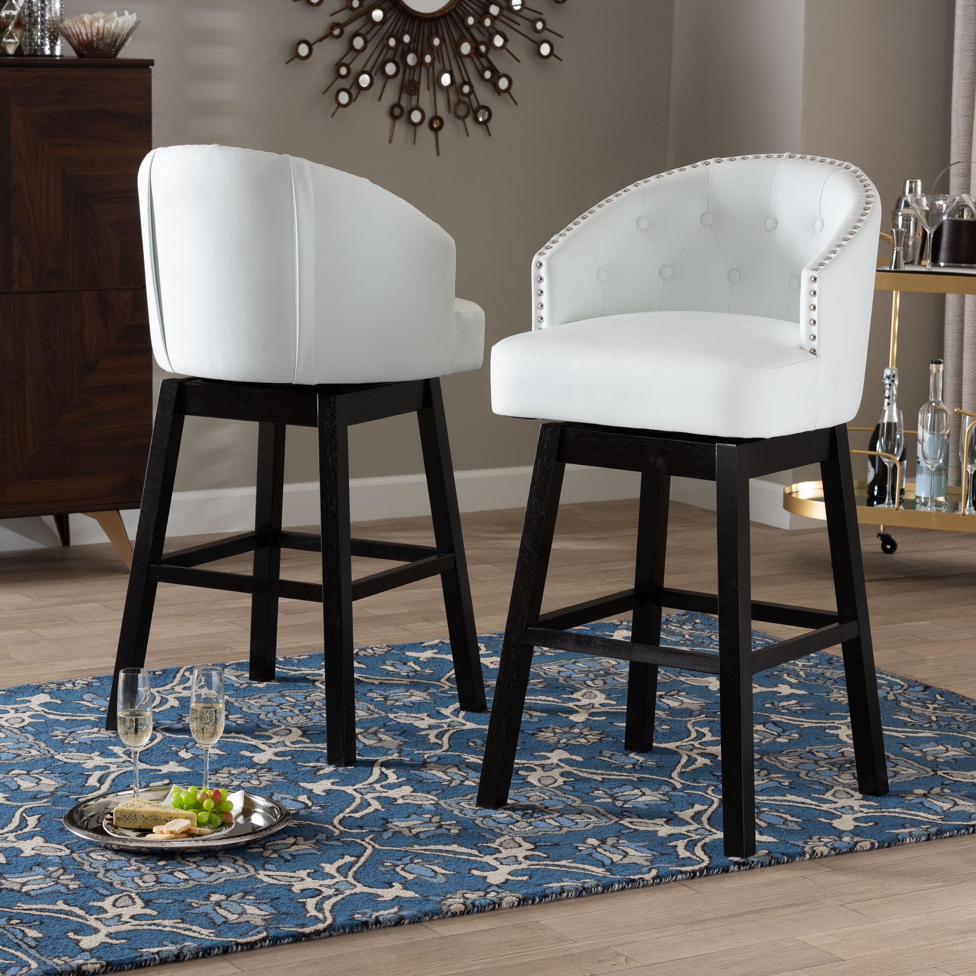 Avril Modern and Contemporary White Faux Leather Tufted 2-Piece Swivel Barstool Set with Nail heads Trim