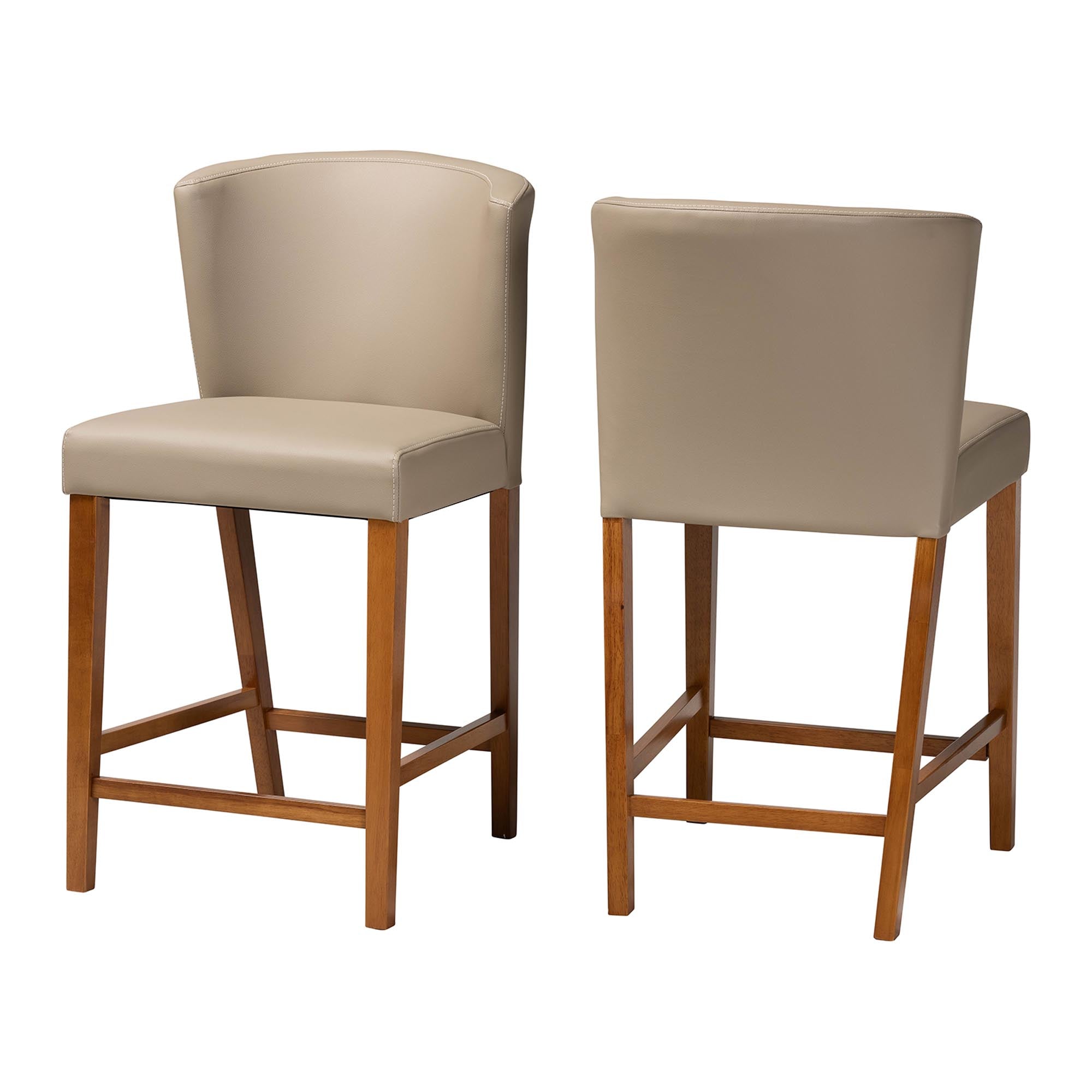 Olivia Mid-Century Modern Scandinavian Style Dark Walnut Wood Beige Faux Leather Pub Stool (Set of 2)
