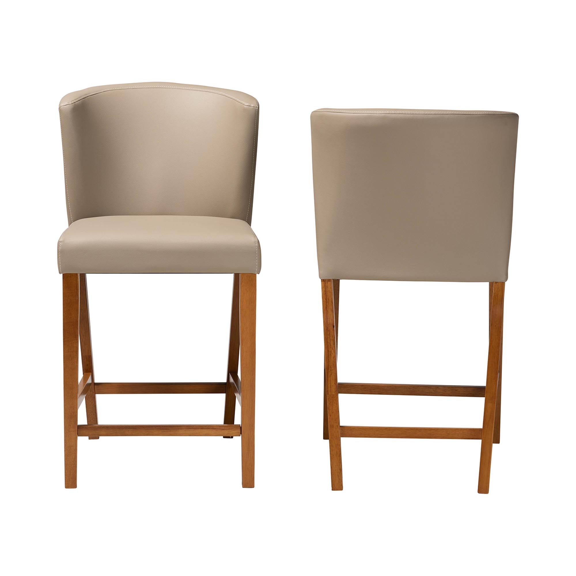 Olivia Mid-Century Modern Scandinavian Style Dark Walnut Wood Beige Faux Leather Pub Stool (Set of 2)