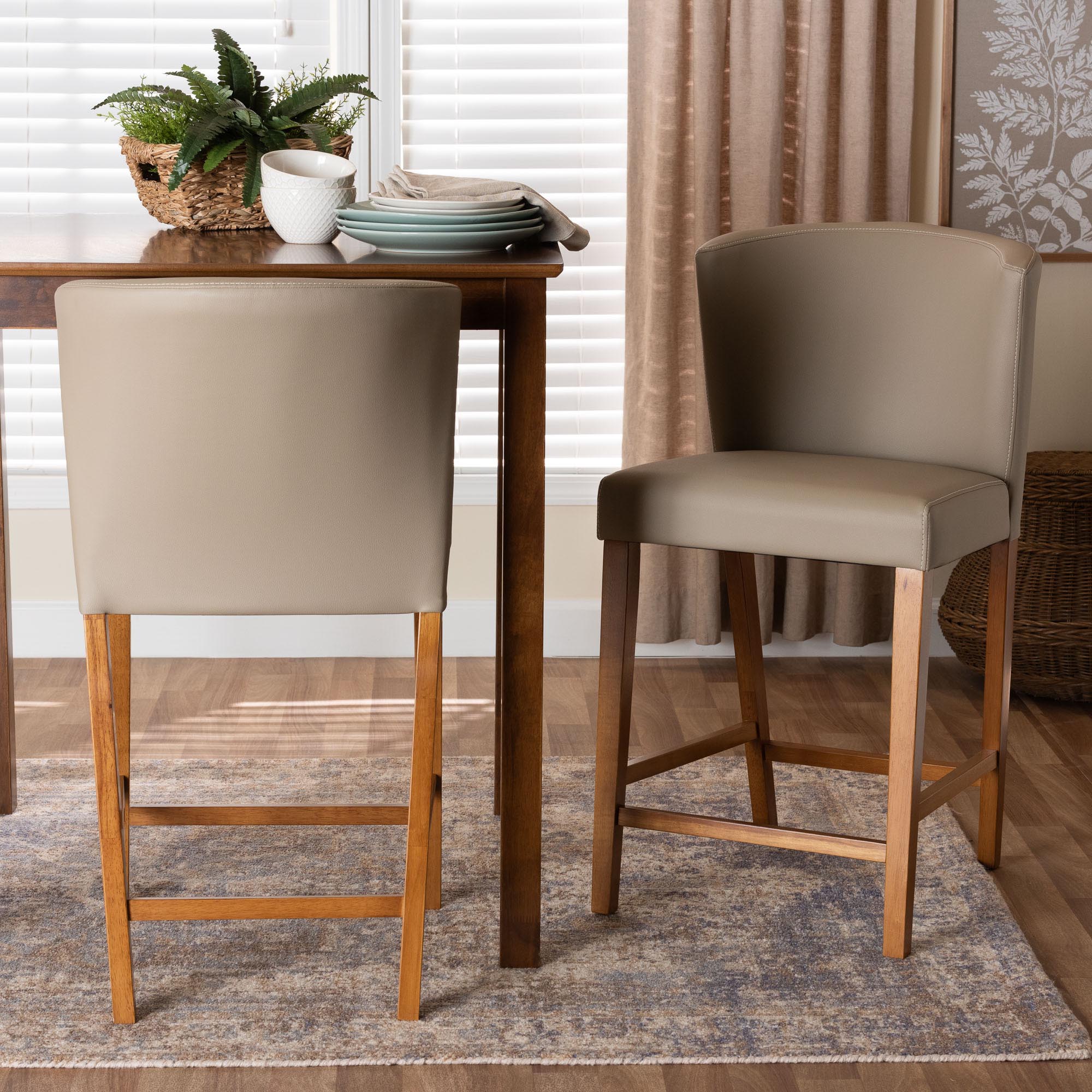 Olivia Mid-Century Modern Scandinavian Style Dark Walnut Wood Beige Faux Leather Pub Stool (Set of 2)