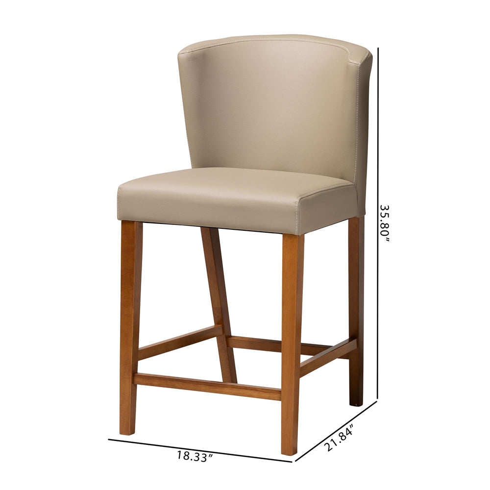 Olivia Mid-Century Modern Scandinavian Style Dark Walnut Wood Beige Faux Leather Pub Stool (Set of 2)
