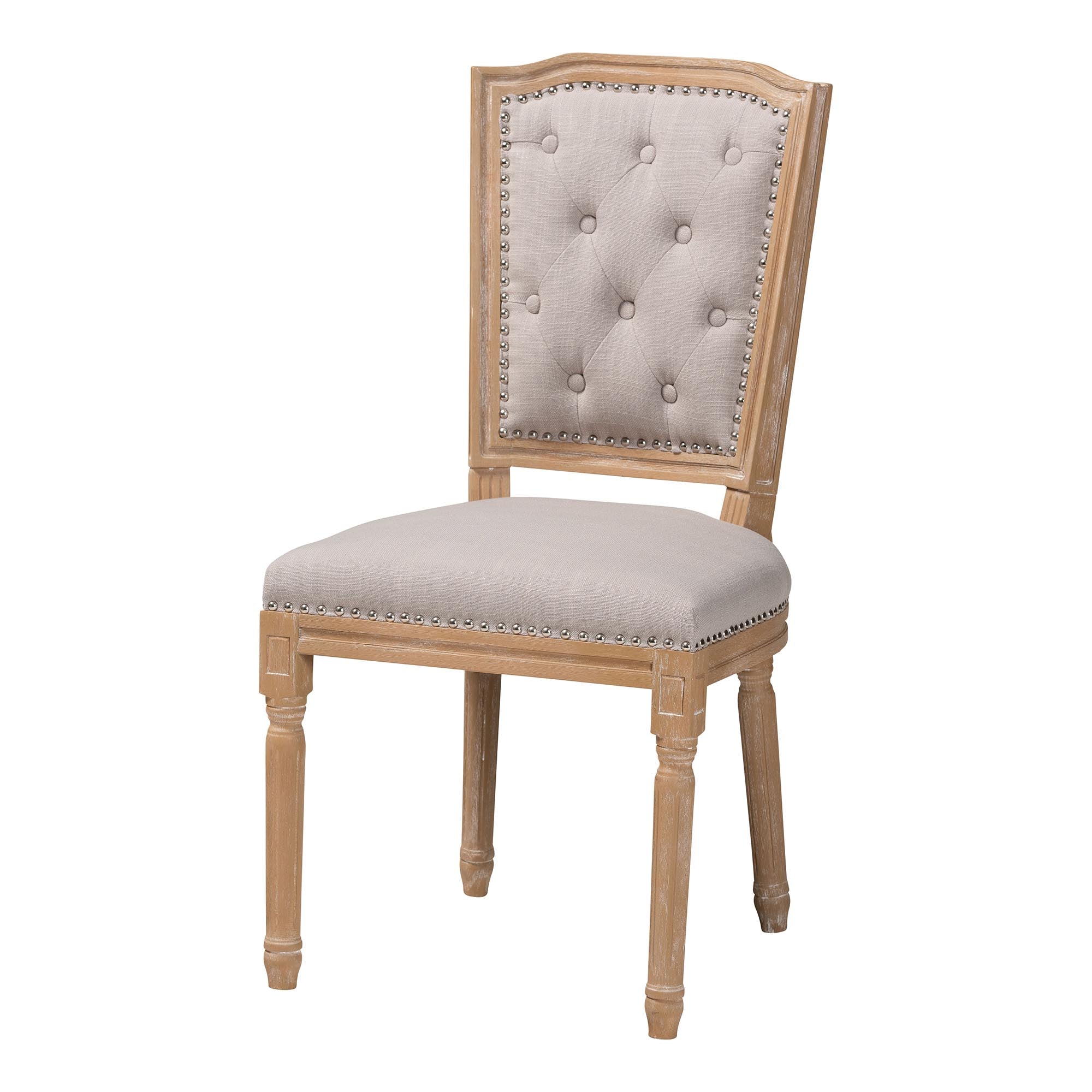 Estelle Chic Rustic French Country Cottage Weathered Oak Beige Fabric Button-tufted Upholstered Dining Chair