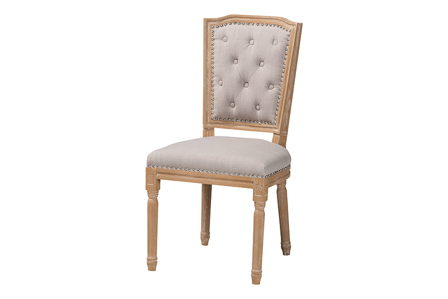Estelle Chic Rustic French Country Cottage Weathered Oak Beige Fabric Button-tufted Upholstered Dining Chair