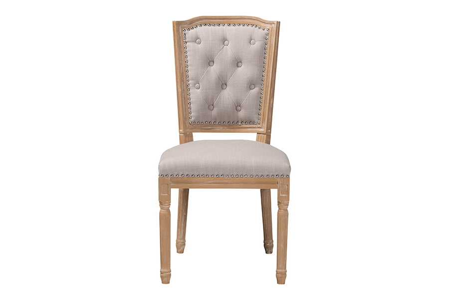 Estelle Chic Rustic French Country Cottage Weathered Oak Beige Fabric Button-tufted Upholstered Dining Chair