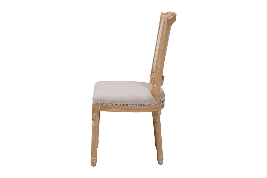 Estelle Chic Rustic French Country Cottage Weathered Oak Beige Fabric Button-tufted Upholstered Dining Chair