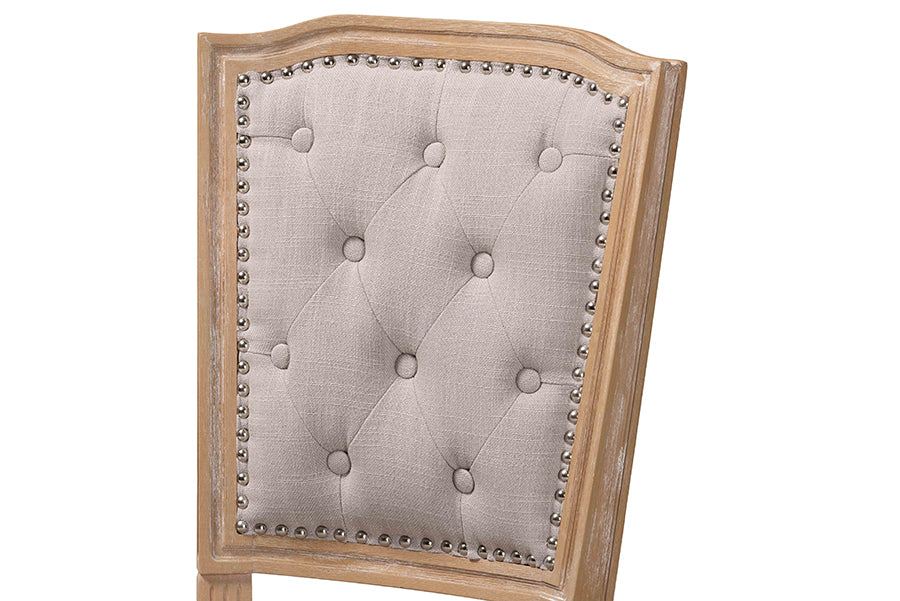 Estelle Chic Rustic French Country Cottage Weathered Oak Beige Fabric Button-tufted Upholstered Dining Chair