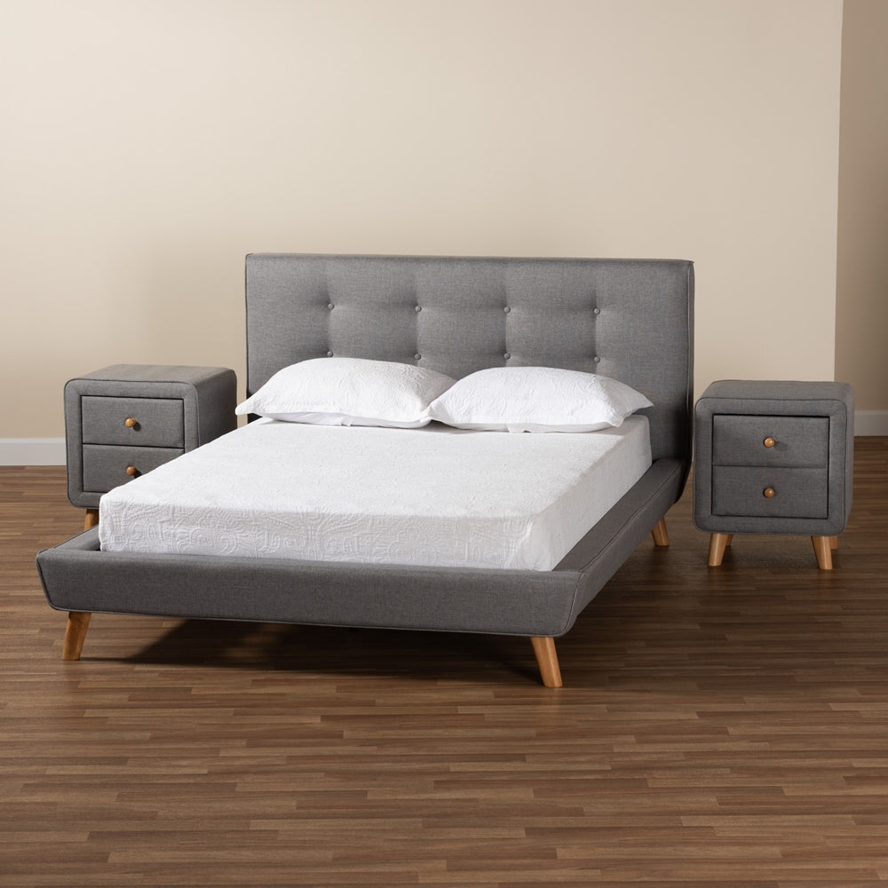 Jonesy Mid-Century Modern Transitional Grey Fabric Upholstered Queen Size 3-Piece Bedroom Set