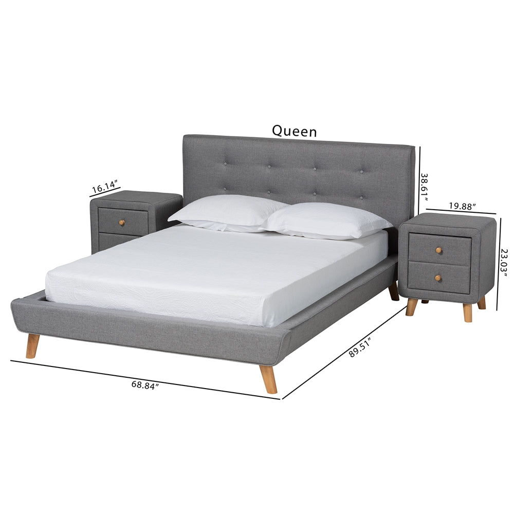 Jonesy Mid-Century Modern Transitional Grey Fabric Upholstered Queen Size 3-Piece Bedroom Set