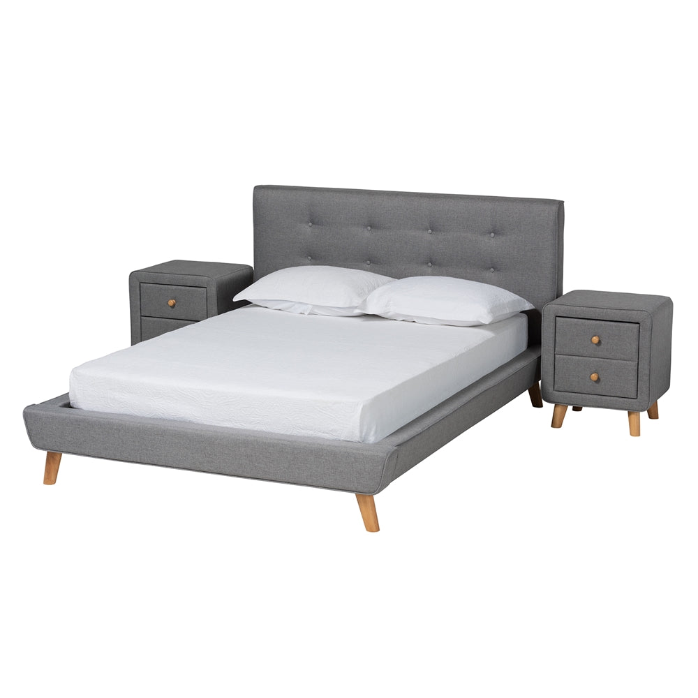 Jonesy Mid-Century Modern Transitional Grey Fabric Upholstered Queen Size 3-Piece Bedroom Set