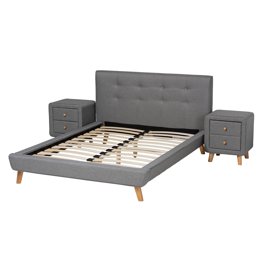 Jonesy Mid-Century Modern Transitional Grey Fabric Upholstered Full Size 3-Piece Bedroom Set