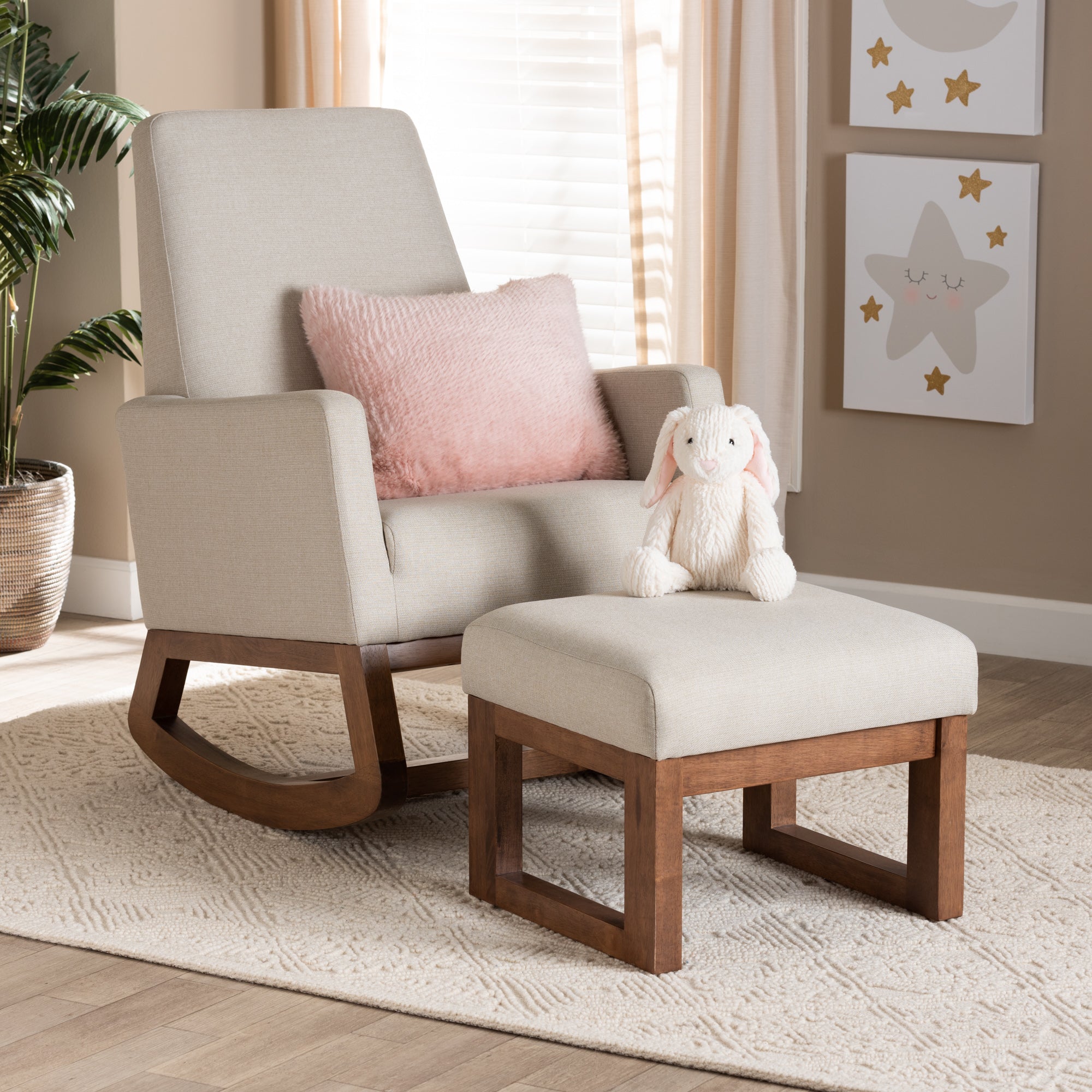 Yashiya Mid-century Retro Modern Light Beige Fabric Upholstered Rocking Chair and Ottoman Set