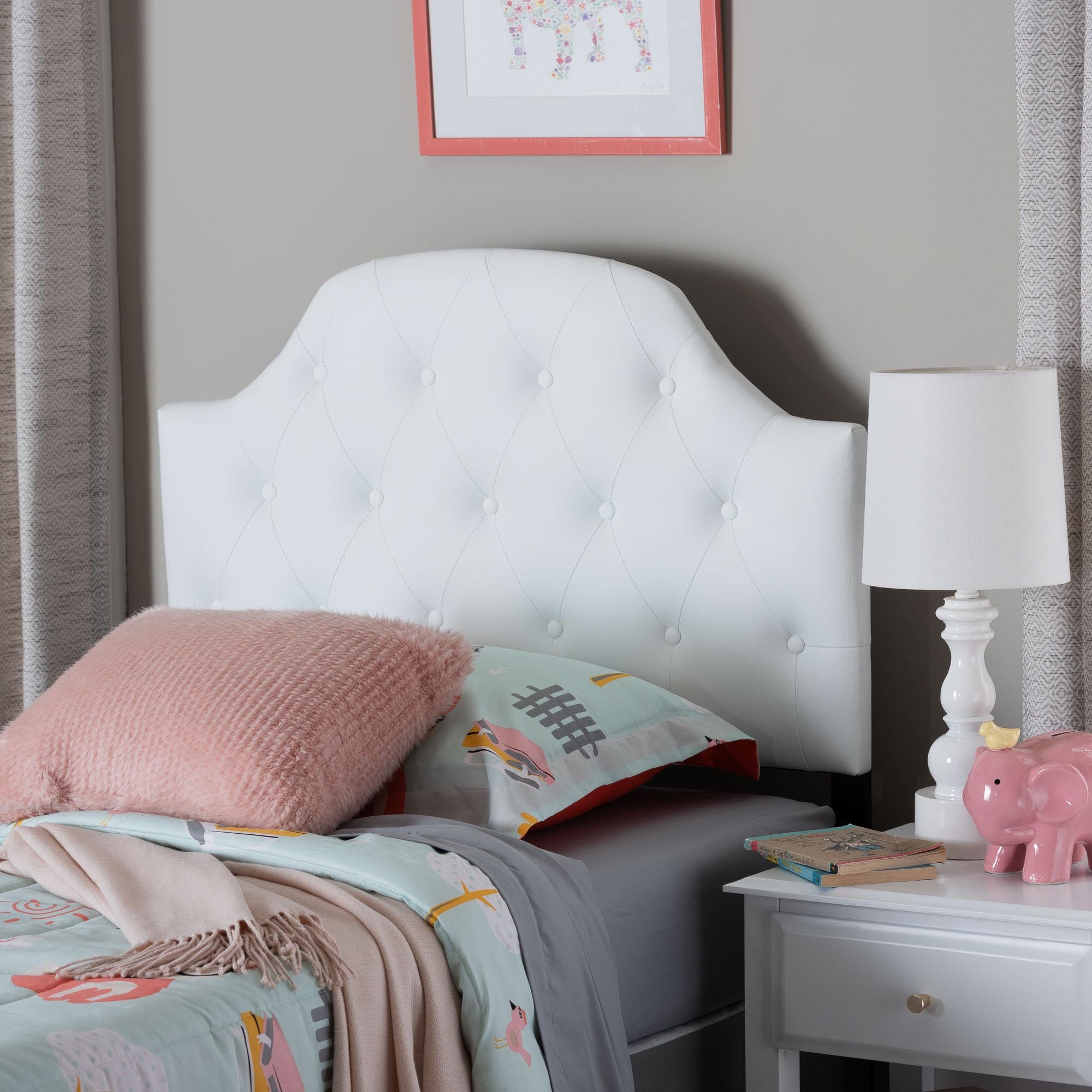 Morris Modern and Contemporary White Faux Leather Upholstered Button-Tufted Scalloped Twin Size Headboard