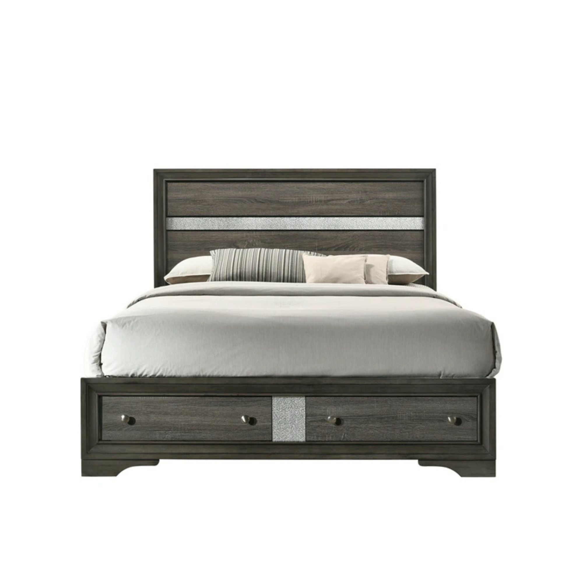 Acrylic Naima Eastern King Gray Wood Bed – Contemporary Panel Design with Storage