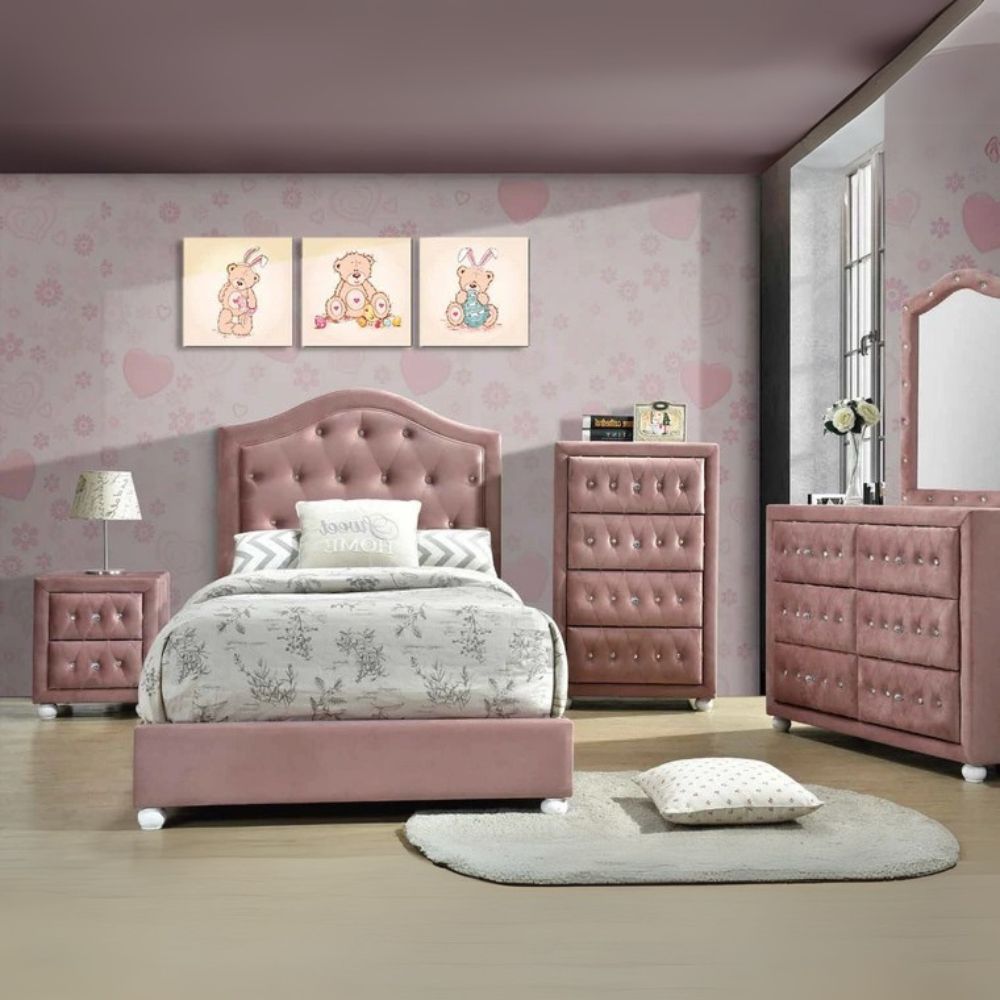 Lina Reggie Pink Full Size Fabric Bed – Youth Glam Style with Upholstered Headboard