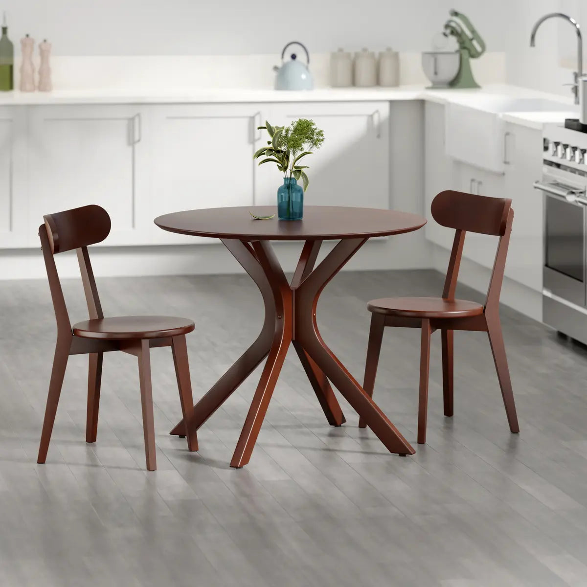 Lexa Dining Table with Splayed Legs, Walnut Finish with 2 Pauline Dining Chairs
