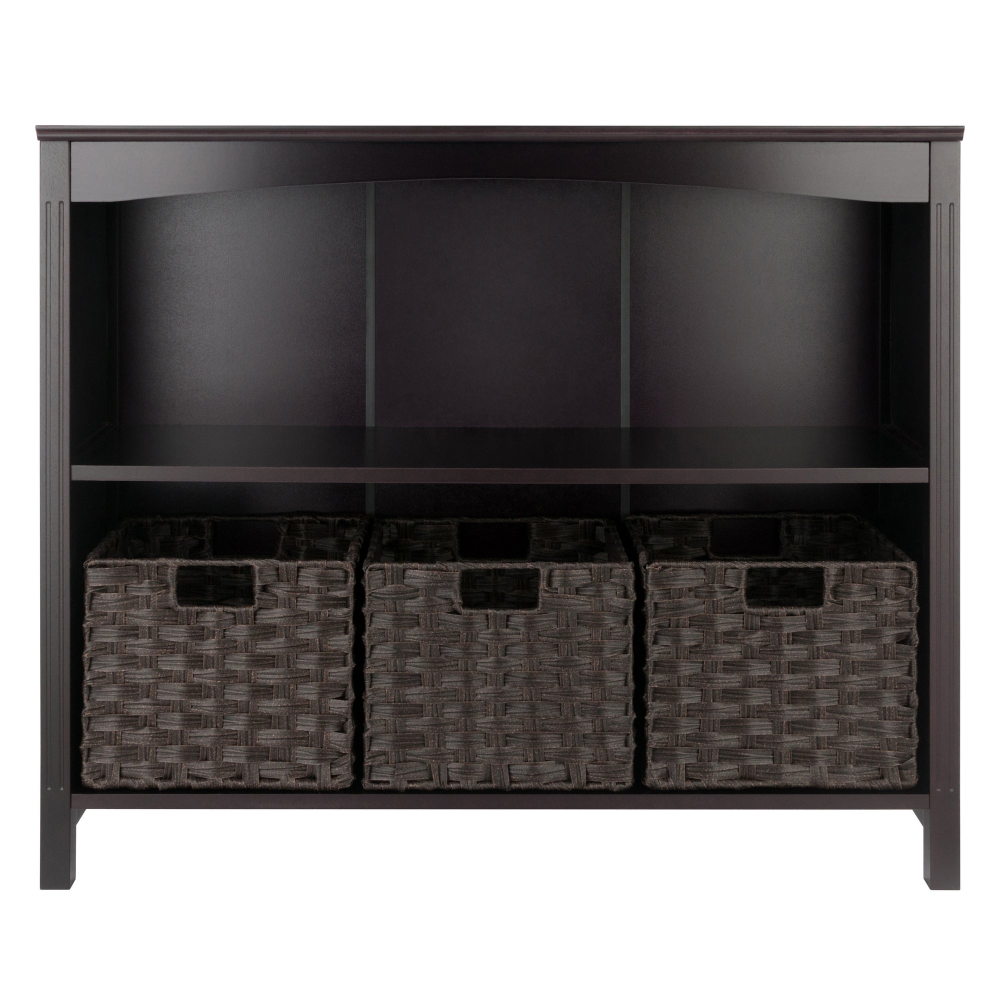 Terrace 4-Pc Storage Shelf accompanied by 3 Foldable Woven Baskets, in Walnut and Chocolate