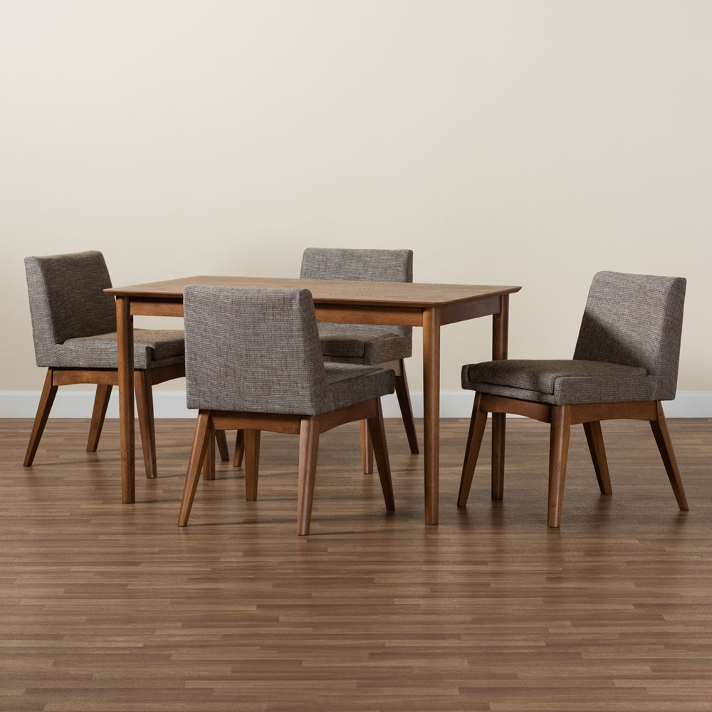 Nexus Mid-Century Modern Gravel Fabric Upholstered and Walnut Brown Finished Wood 5-Piece Dining Set