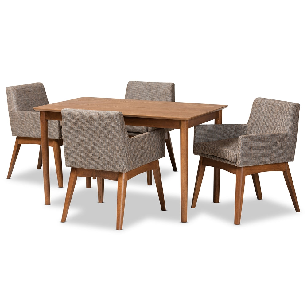 Dorina Mid-Century Modern Gravel Fabric Upholstered and Walnut Brown Finished Wood 5-Piece Dining Set