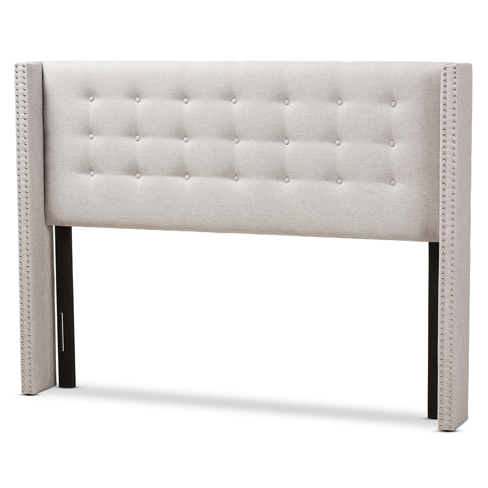 Ginaro Modern And Contemporary Greyish Beige Fabric Button-Tufted Nail head Queen Size Winged Headboard