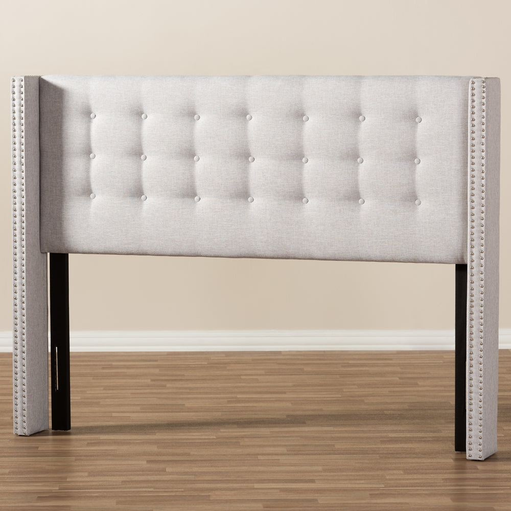 Ginaro Modern And Contemporary Greyish Beige Fabric Button-Tufted Nail head King Size Winged Headboard