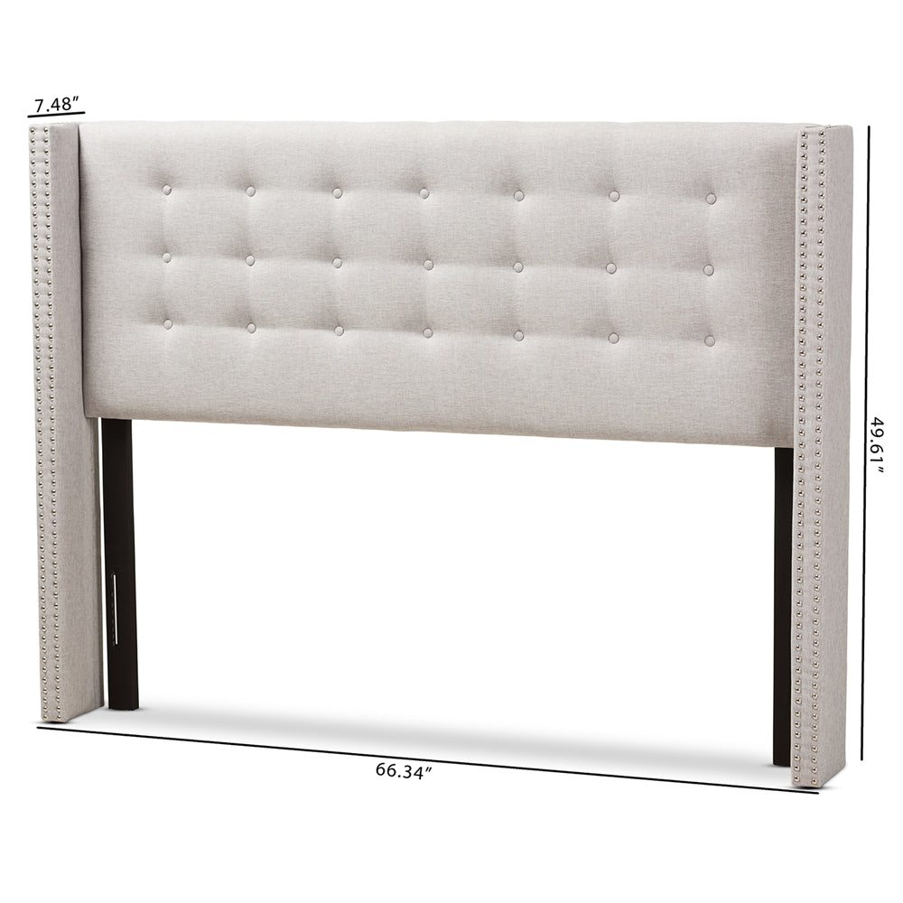 Ginaro Modern And Contemporary Greyish Beige Fabric Button-Tufted Nail head Queen Size Winged Headboard