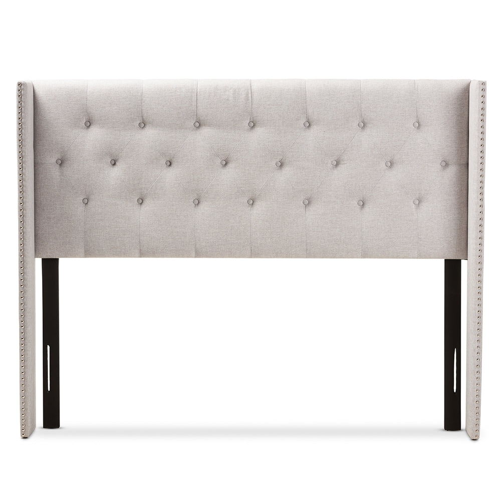 Ally Modern And Contemporary Greyish Beige Fabric Button-Tufted Nail head King Size Winged Headboard