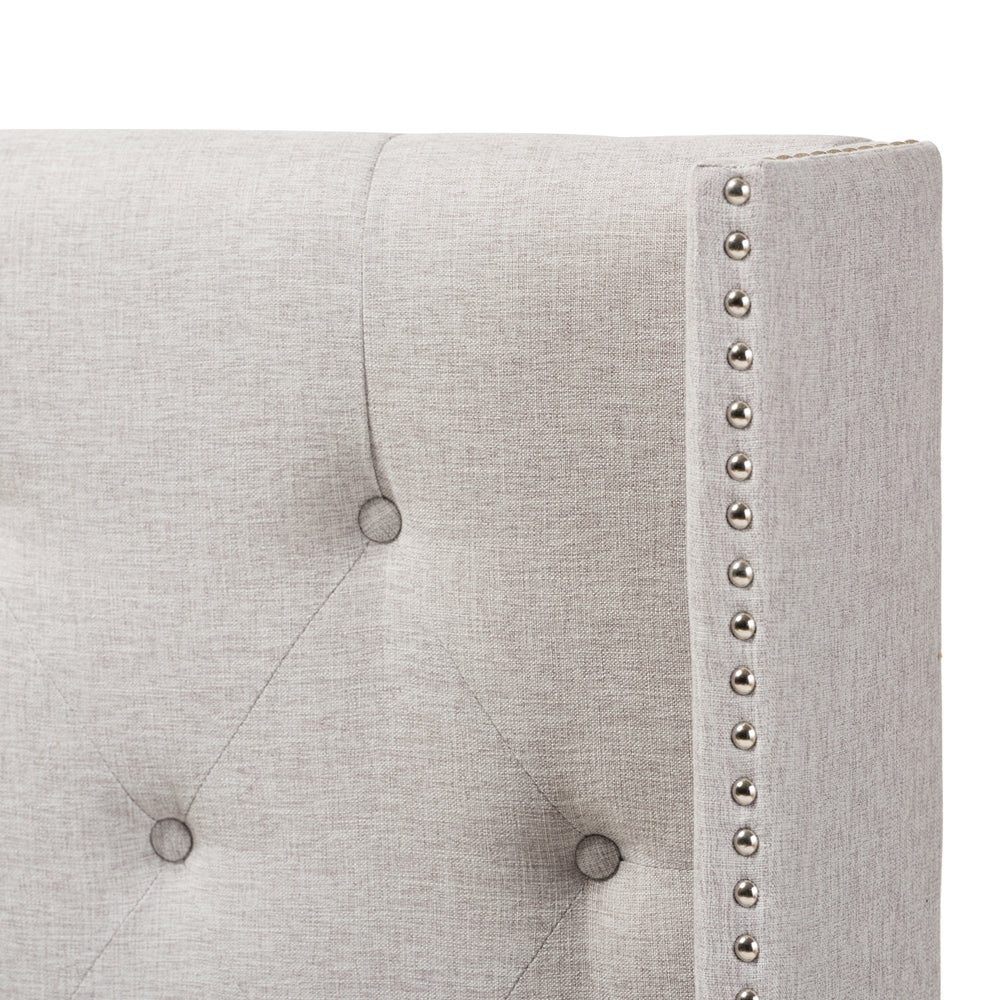 Ally Modern And Contemporary Greyish Beige Fabric Button-Tufted Nail head King Size Winged Headboard