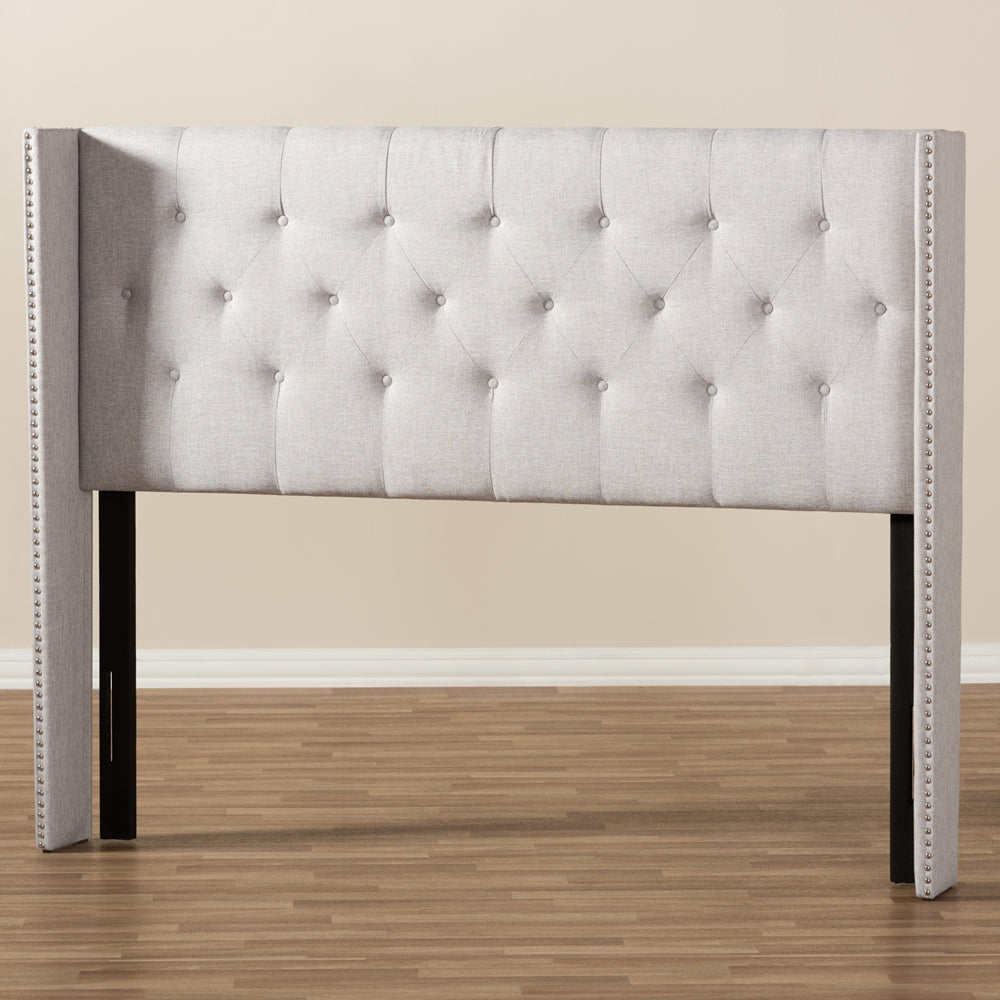 Ally Modern And Contemporary Greyish Beige Fabric Button-Tufted Nail head King Size Winged Headboard