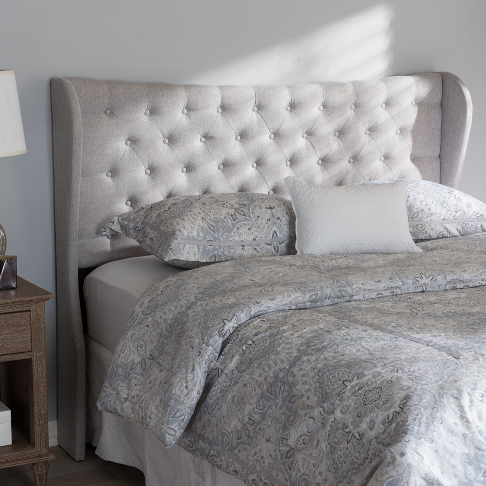 Cadence Modern and Contemporary Greyish Beige Fabric Button-Tufted Queen Size Winged Headboard