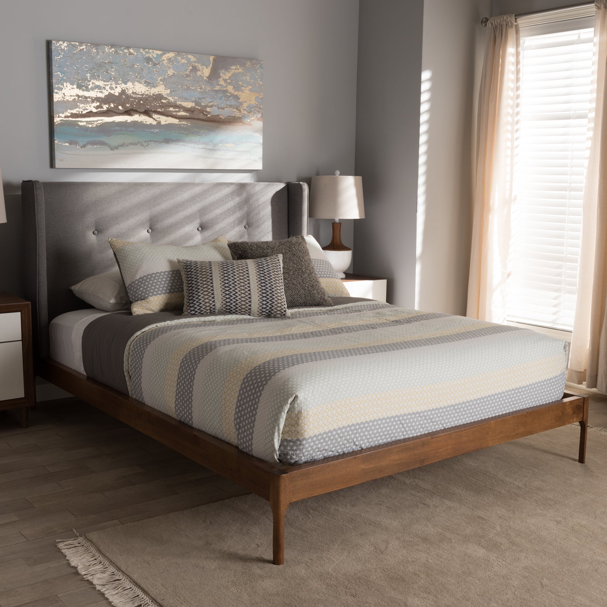Brooklyn Mid-Century Modern Walnut Wood Grey Fabric King Size Platform Bed