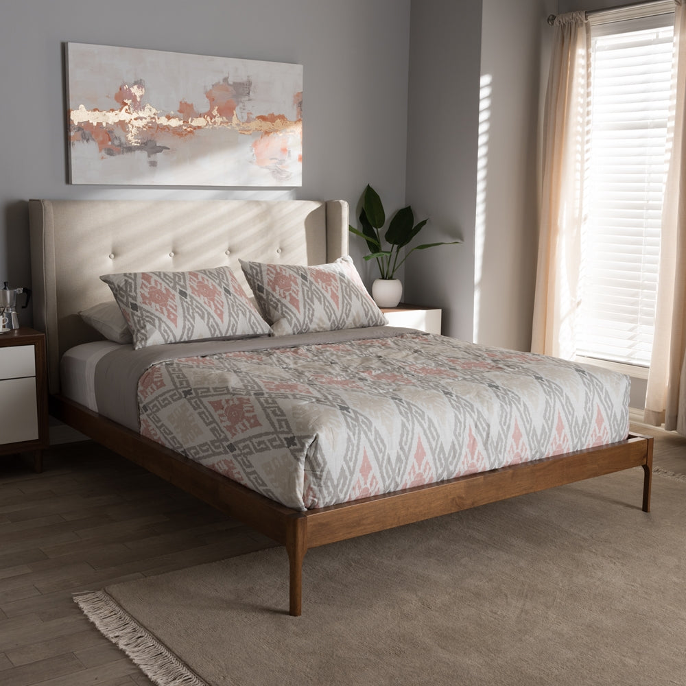 Brooklyn Mid-Century Modern Walnut Wood Grey Fabric Queen Size Platform Bed