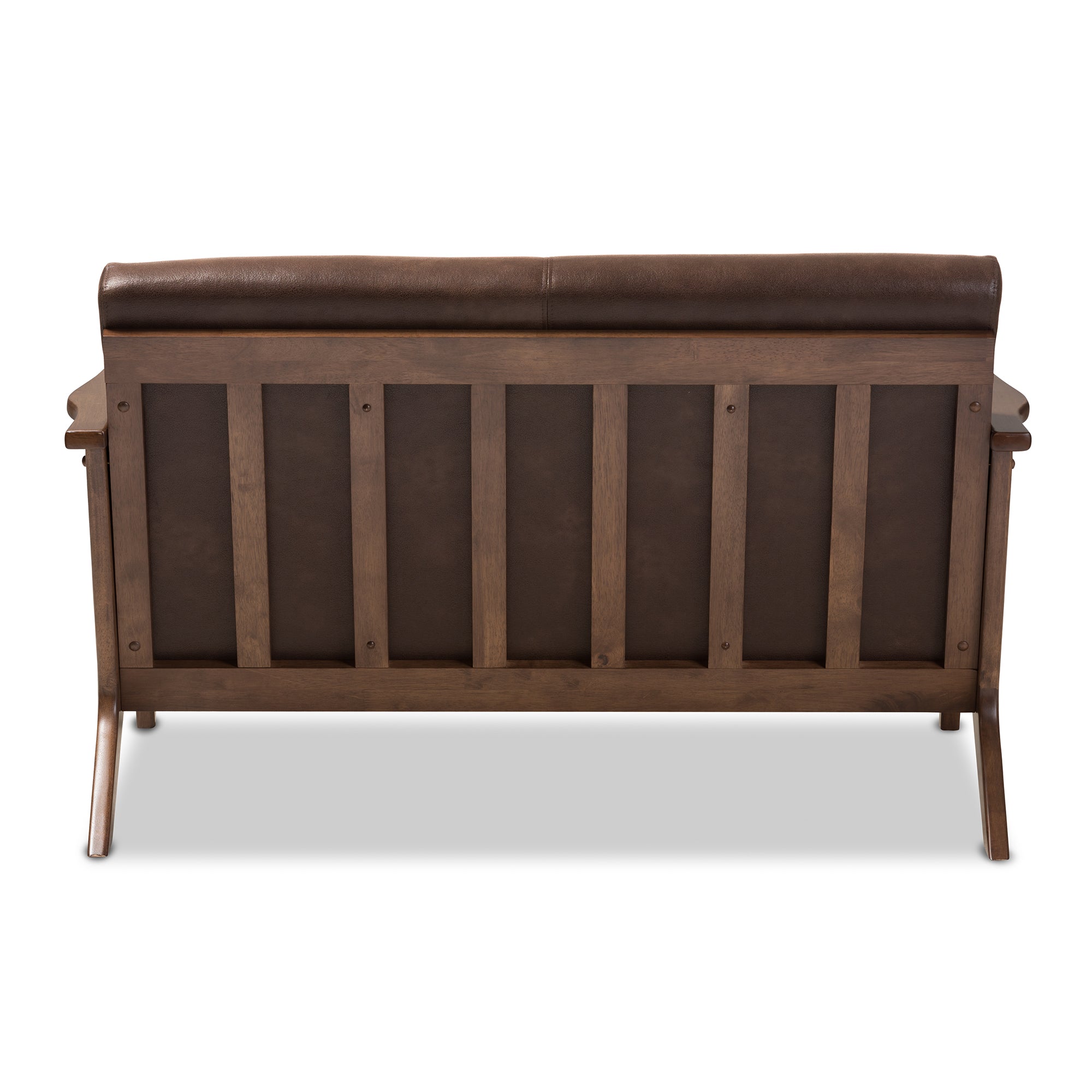 Bianca Mid-Century Modern Walnut Wood Dark Brown Distressed Faux Leather 2-Seater Loveseat