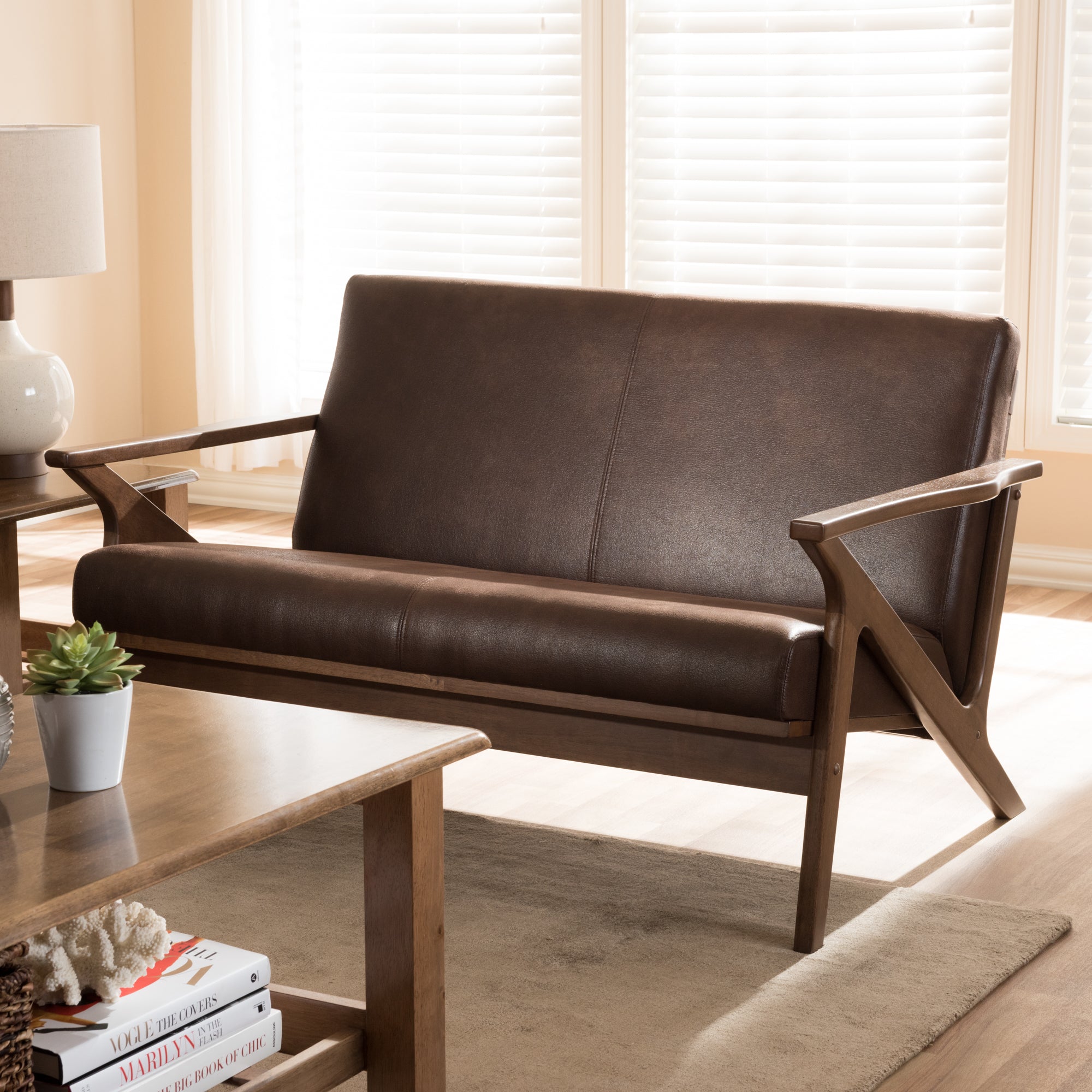 Bianca Mid-Century Modern Walnut Wood Dark Brown Distressed Faux Leather 2-Seater Loveseat